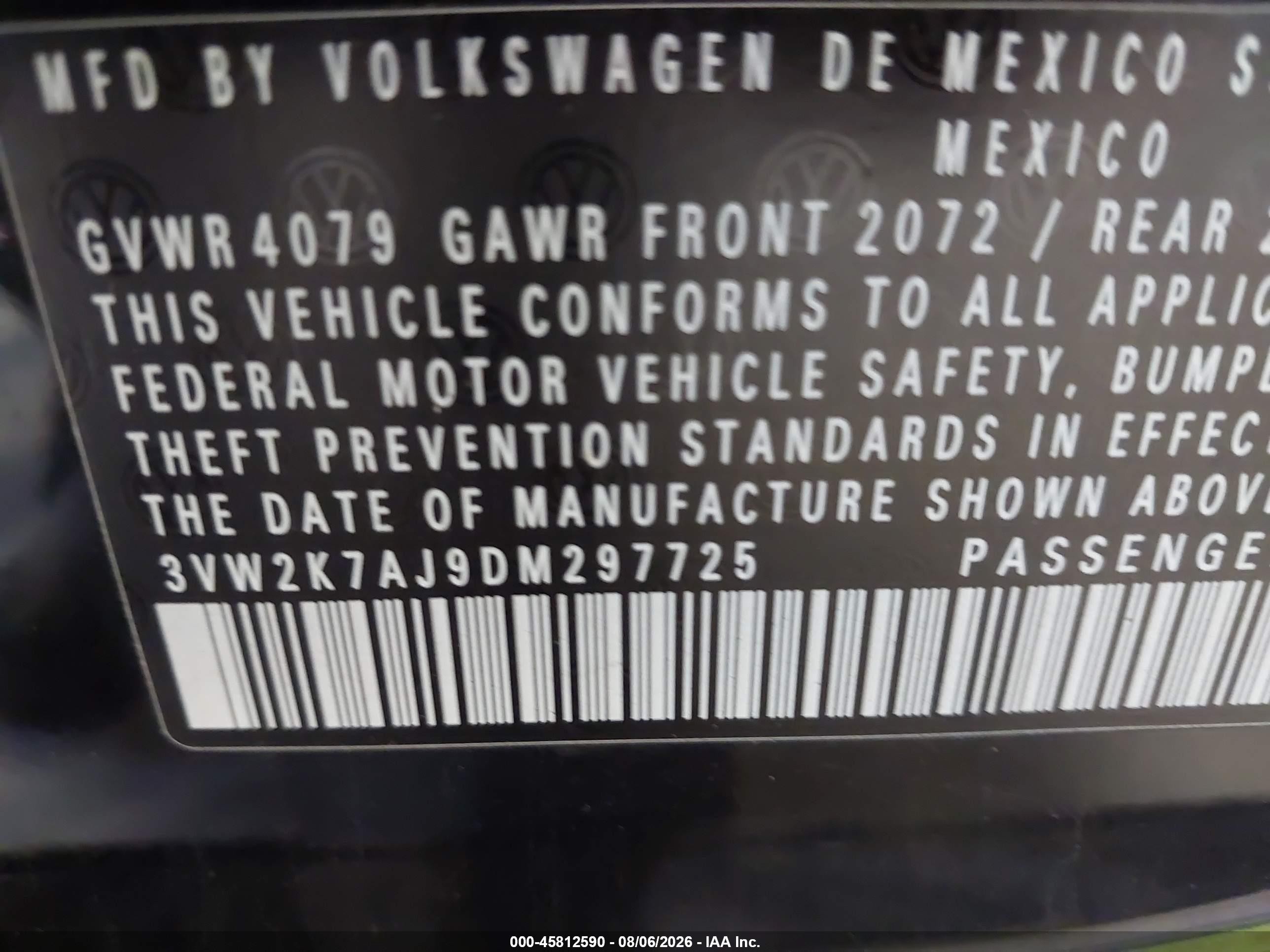 2013 Volkswagen Jetta 2.0l S Black vin: 3VW2K7AJ9DM297725