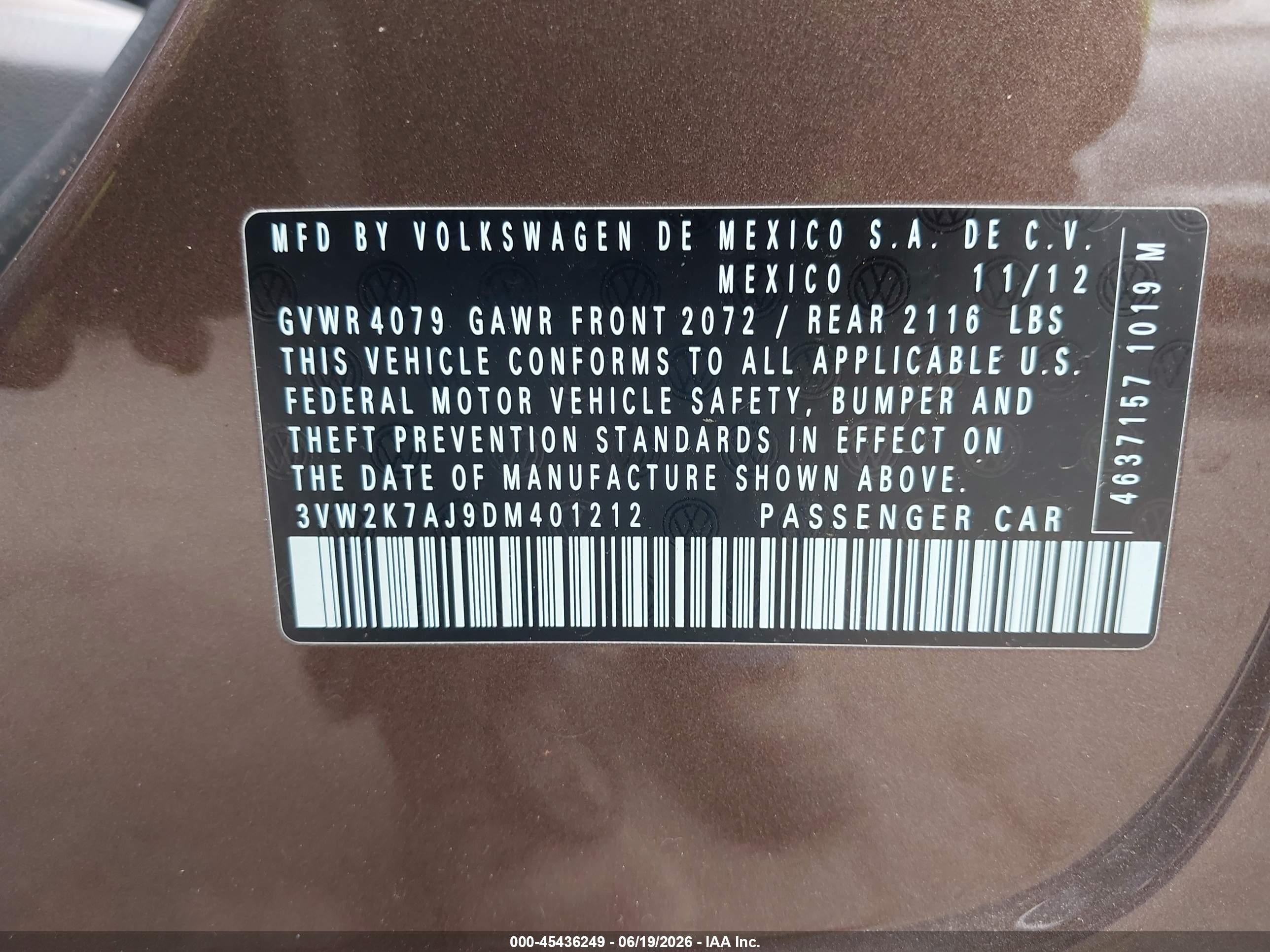 2013 Volkswagen Jetta 2.0l S Brown vin: 3VW2K7AJ9DM401212