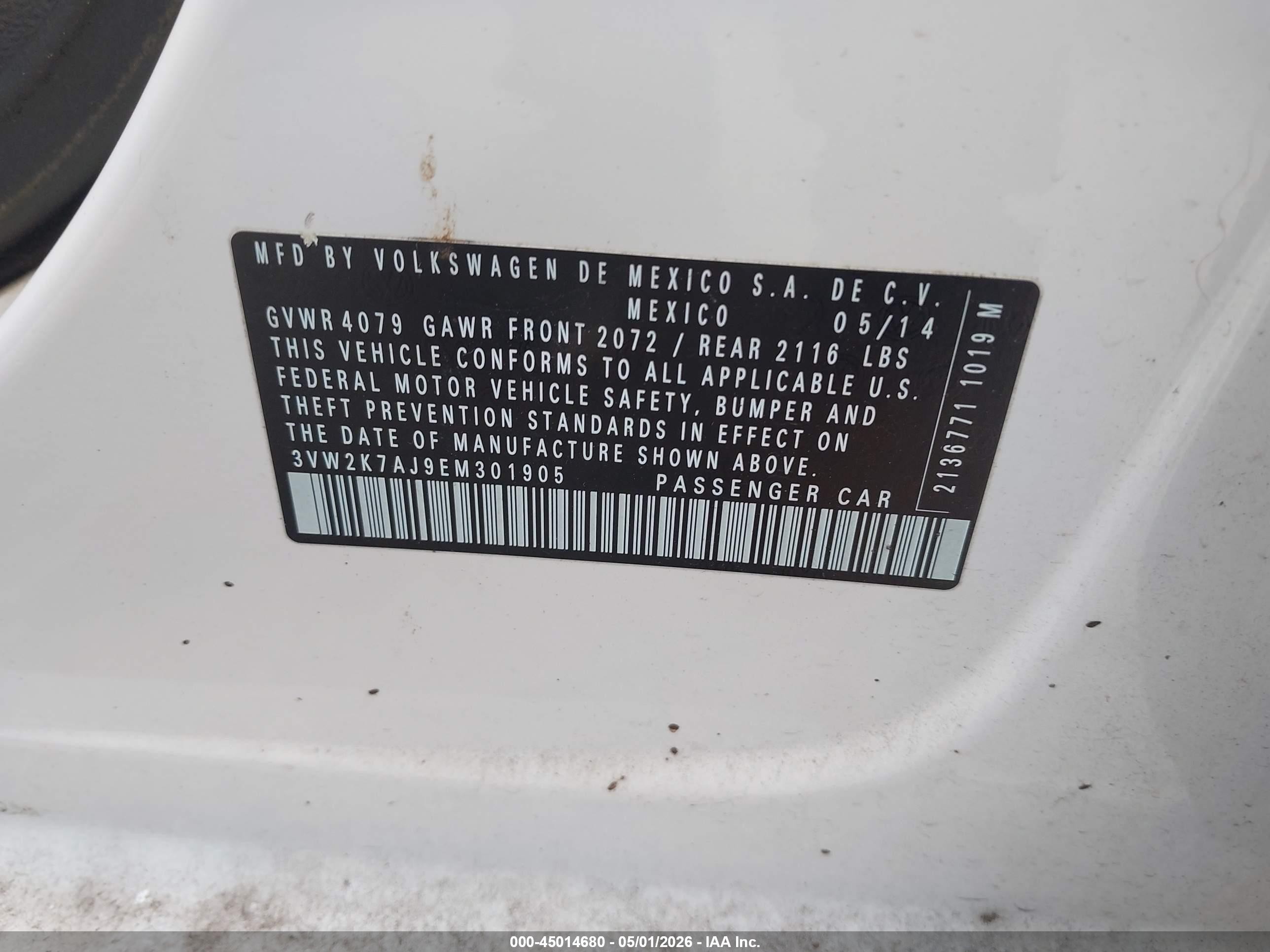 2014 Volkswagen Jetta 2.0l S White vin: 3VW2K7AJ9EM301905
