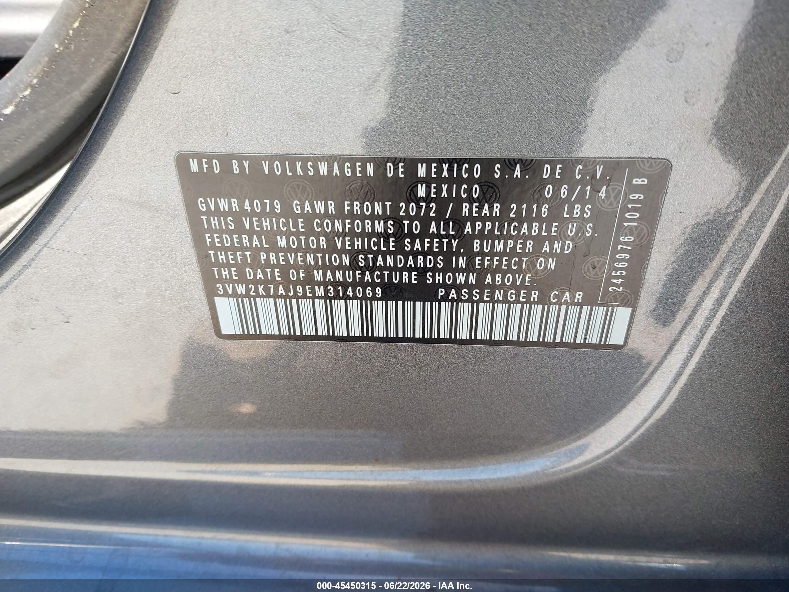 2014 Volkswagen Jetta 2.0l S Gray vin: 3VW2K7AJ9EM314069