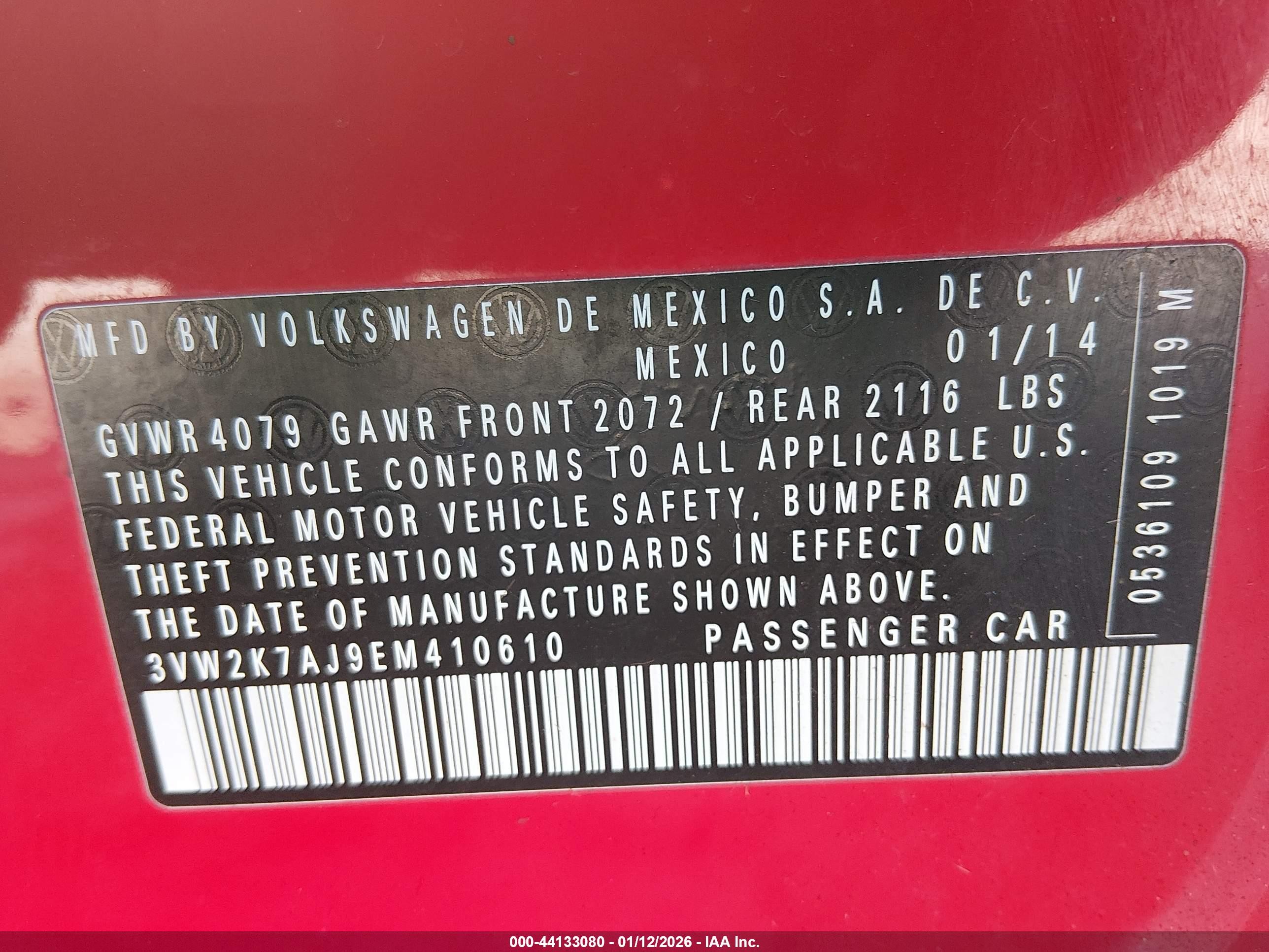 2014 Volkswagen Jetta 2.0l S Red vin: 3VW2K7AJ9EM410610