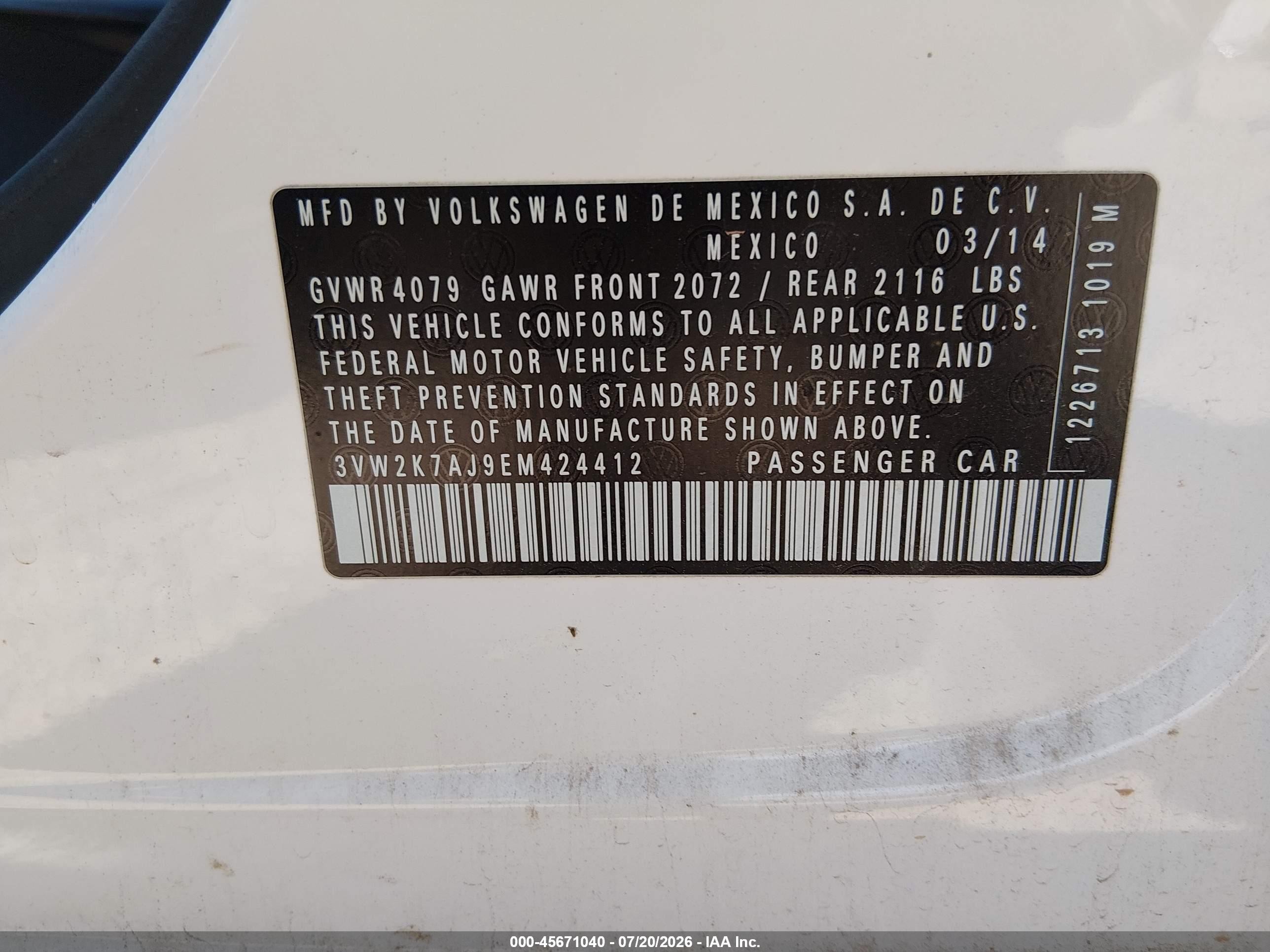 2014 Volkswagen Jetta 2.0l S Белый vin: 3VW2K7AJ9EM424412