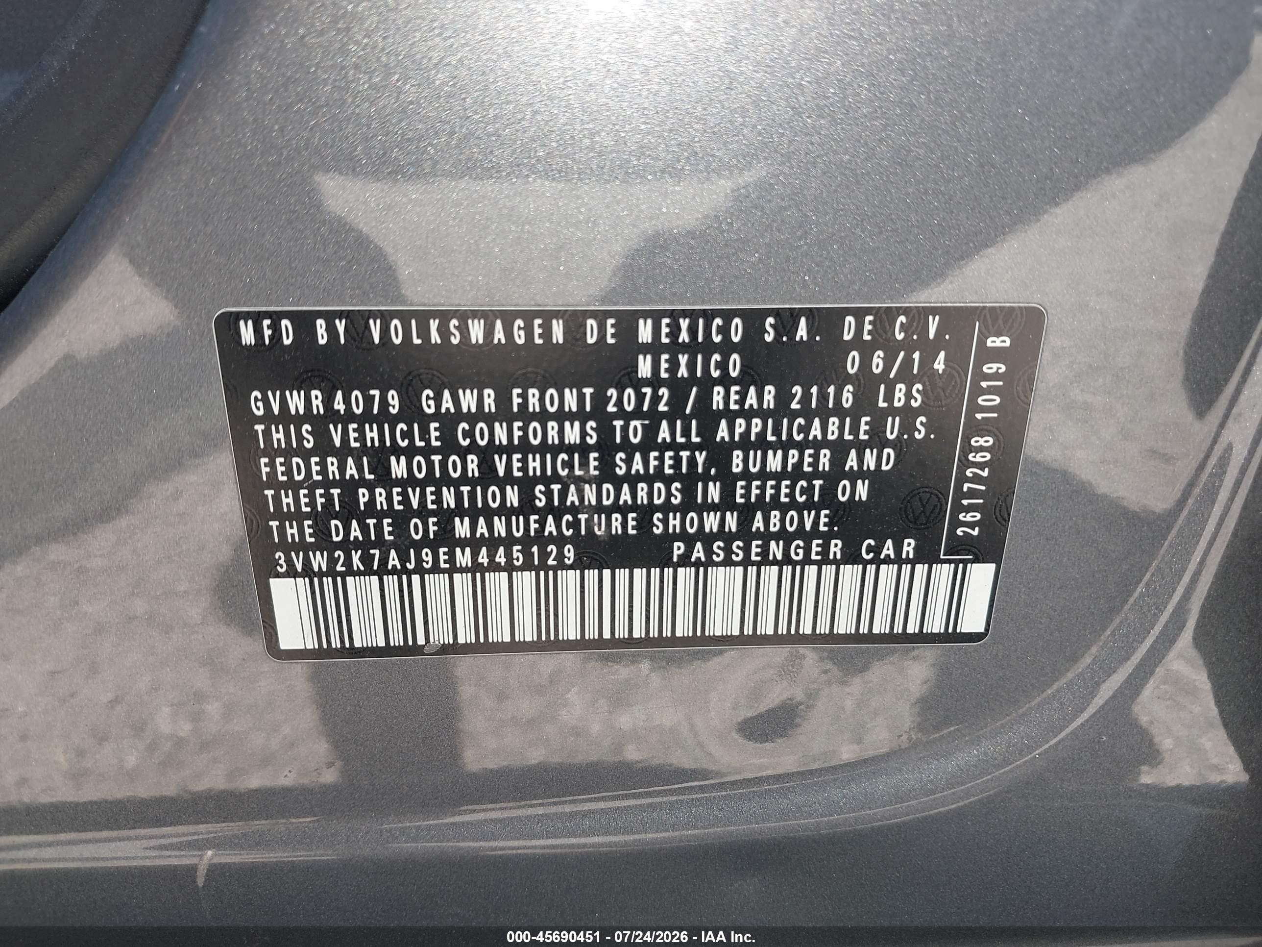 2014 Volkswagen Jetta 2.0l S Gray vin: 3VW2K7AJ9EM445129