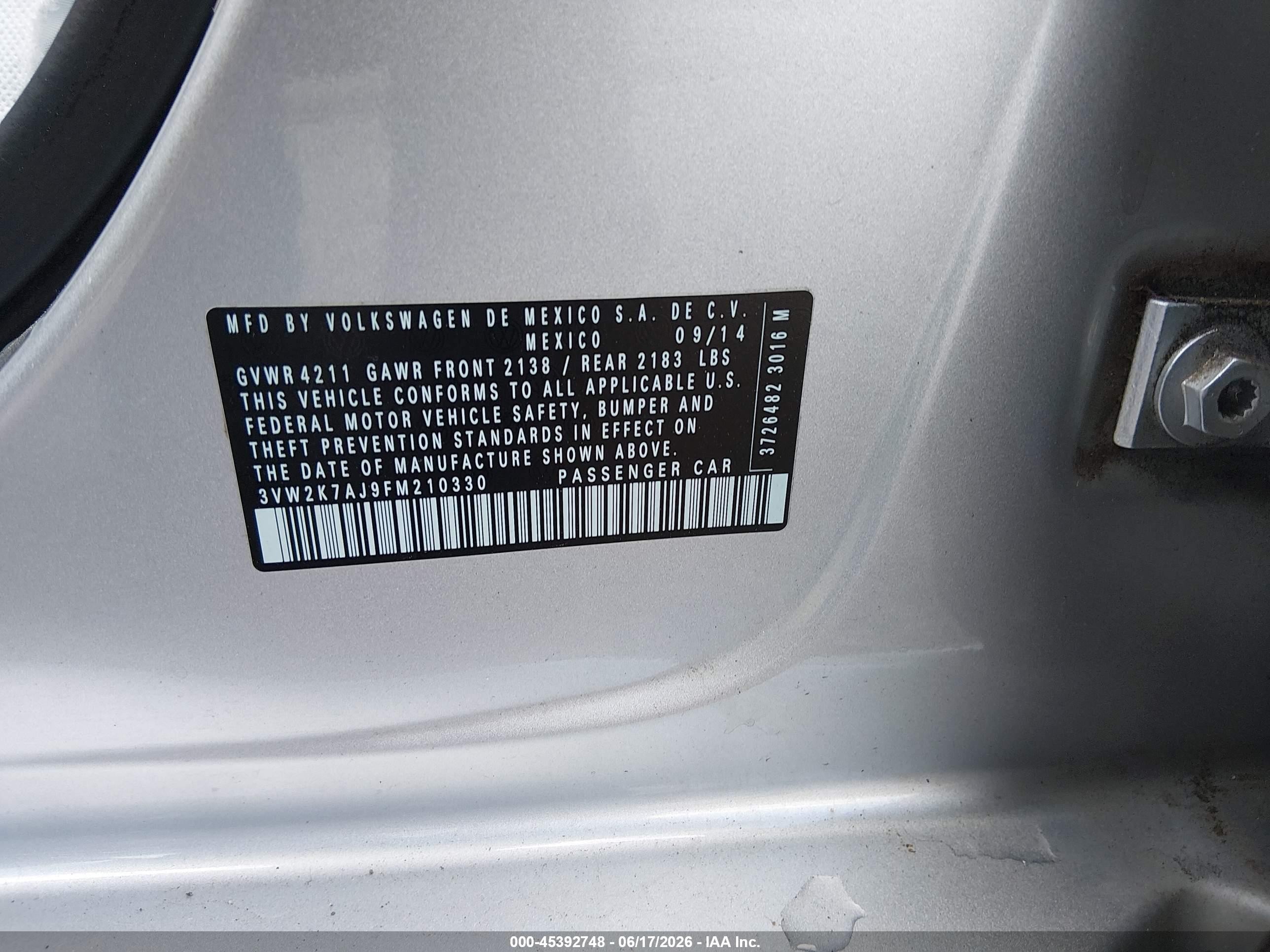 2015 Volkswagen Jetta 2.0l S Silver vin: 3VW2K7AJ9FM210330