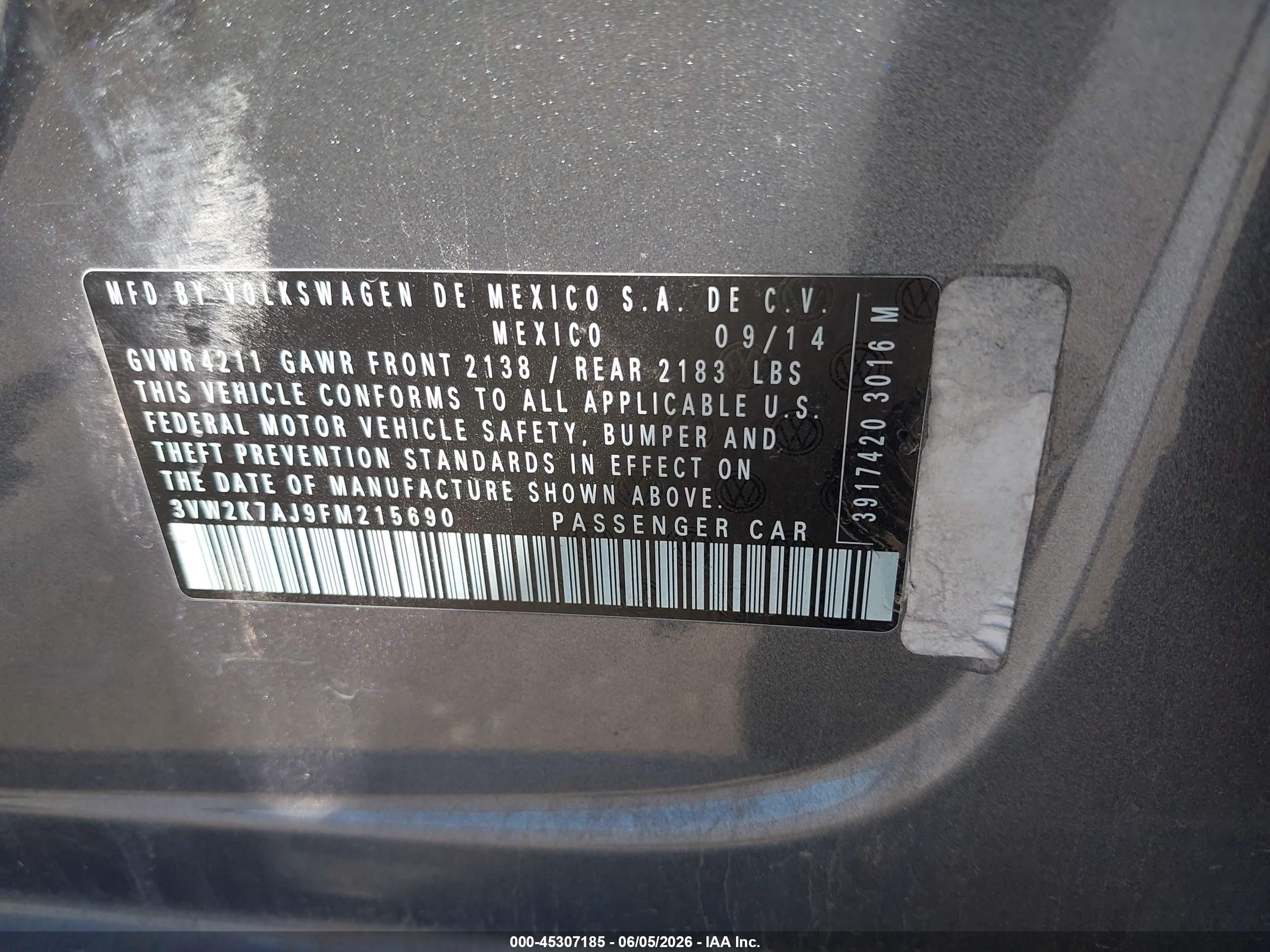 2015 Volkswagen Jetta 2.0l S Gray vin: 3VW2K7AJ9FM215690