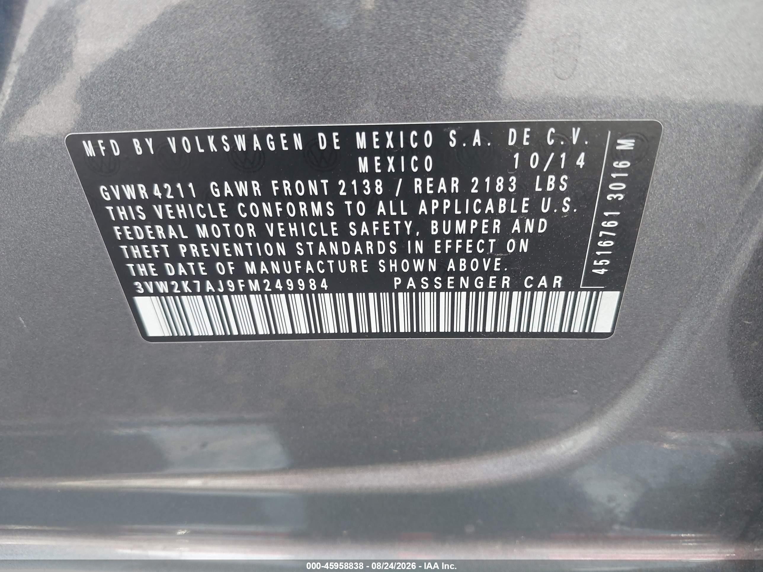 2015 Volkswagen Jetta 2.0l S Gray vin: 3VW2K7AJ9FM249984