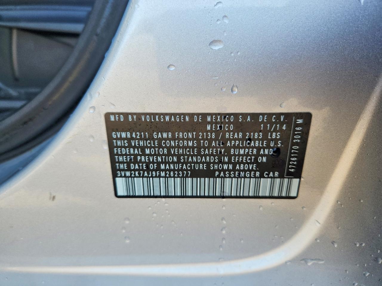 2015 Volkswagen Jetta Base Silver vin: 3VW2K7AJ9FM262377