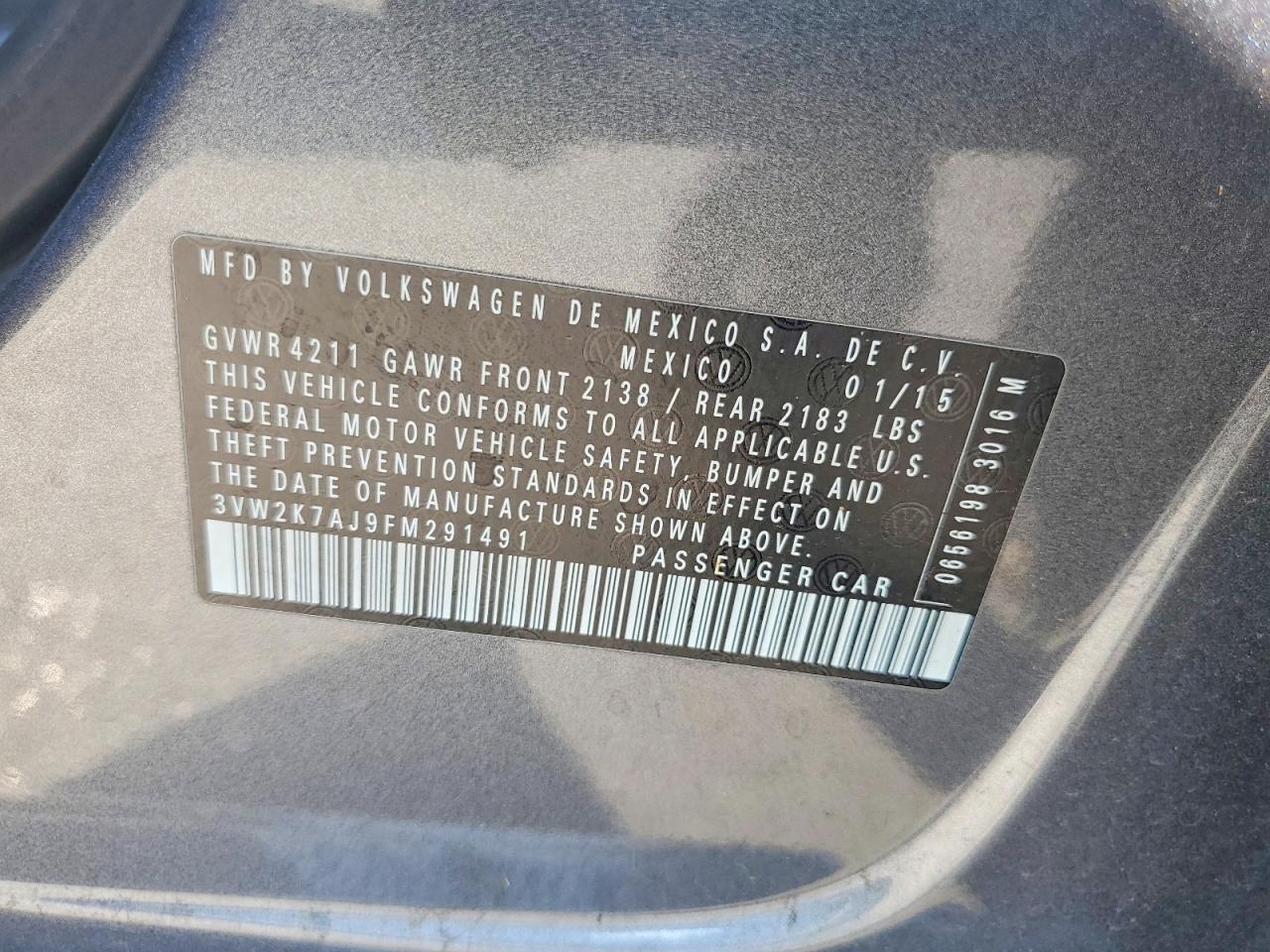 2015 Volkswagen Jetta Base Gray vin: 3VW2K7AJ9FM291491
