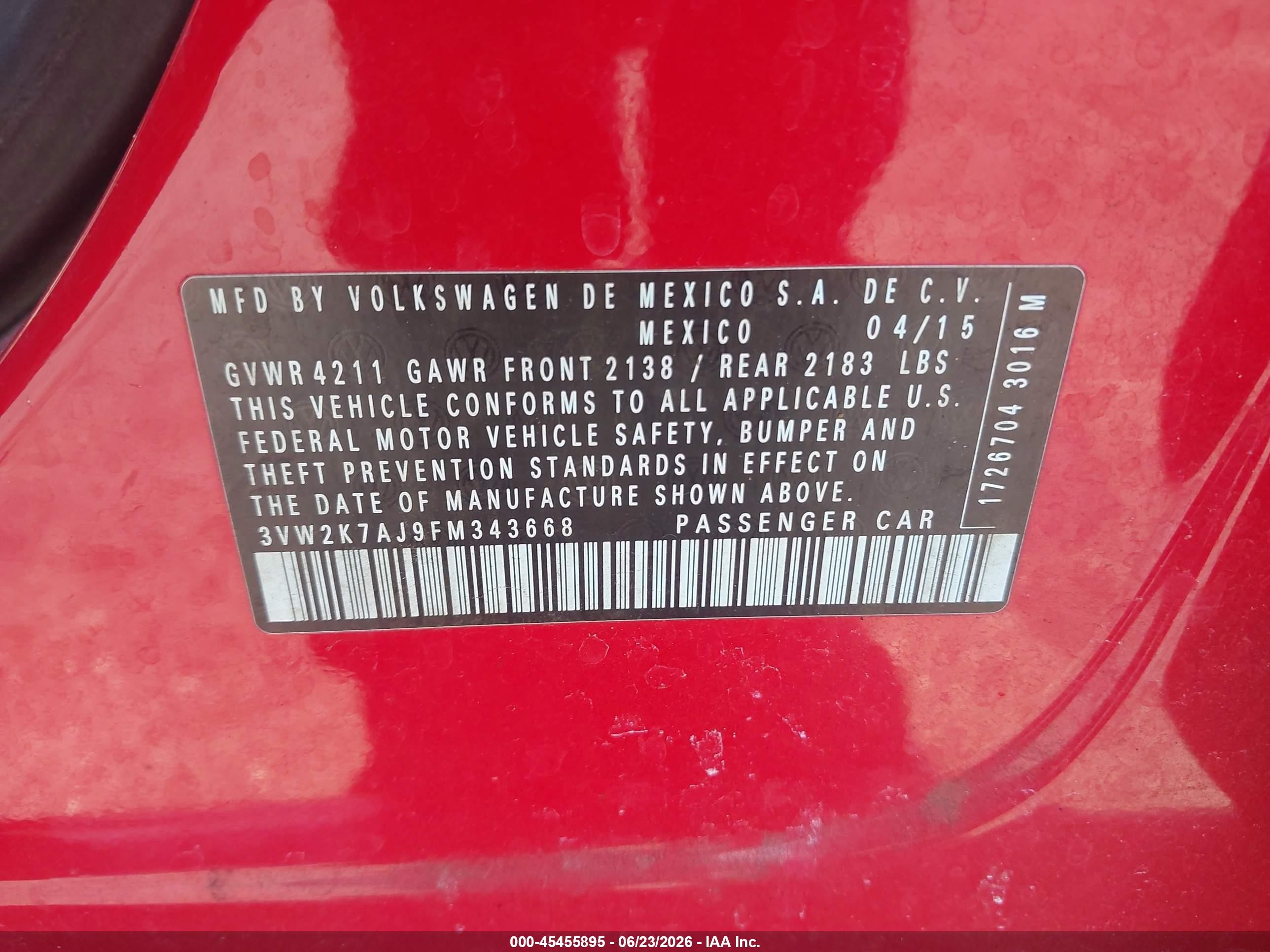 2015 Volkswagen Jetta 2.0l S Красный vin: 3VW2K7AJ9FM343668