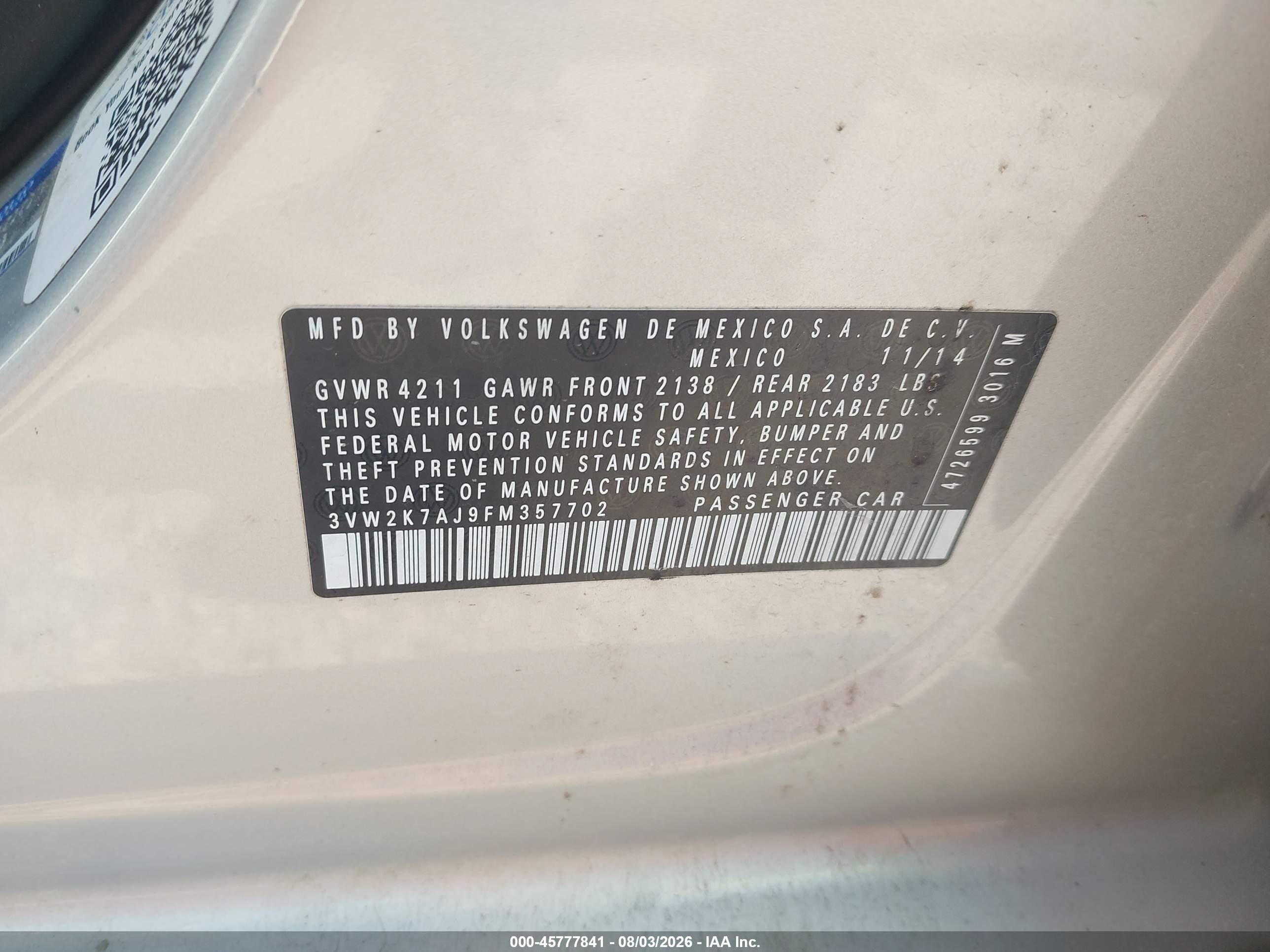 2015 Volkswagen Jetta 2.0l S Silver vin: 3VW2K7AJ9FM357702