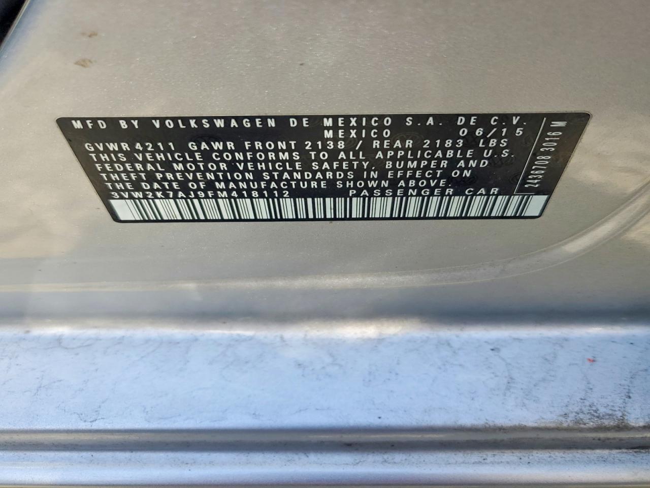 2015 Volkswagen Jetta Base Silver vin: 3VW2K7AJ9FM418112