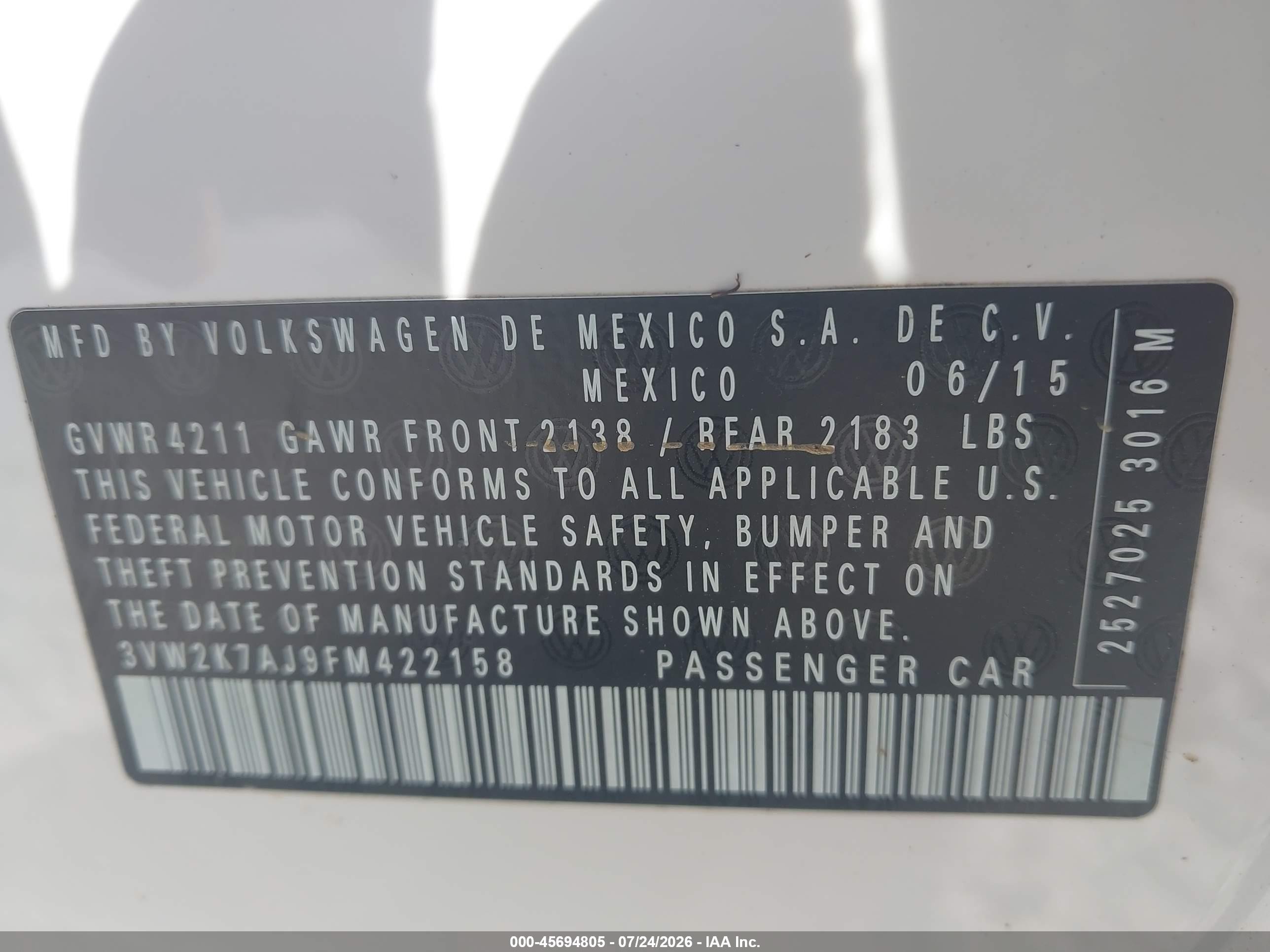 2015 Volkswagen Jetta 2.0l S White vin: 3VW2K7AJ9FM422158
