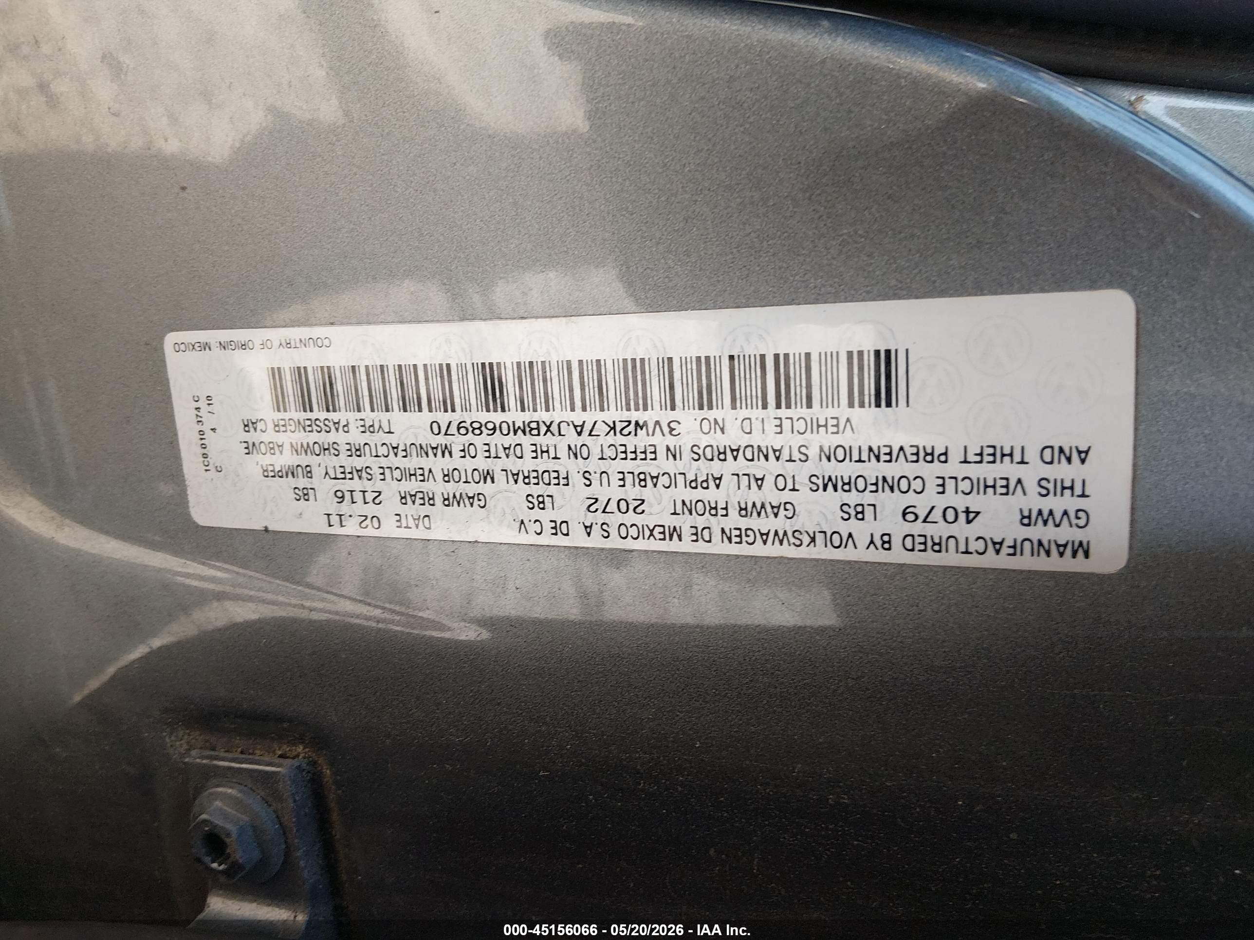 2011 Volkswagen Jetta 2.0l S Gray vin: 3VW2K7AJXBM068970
