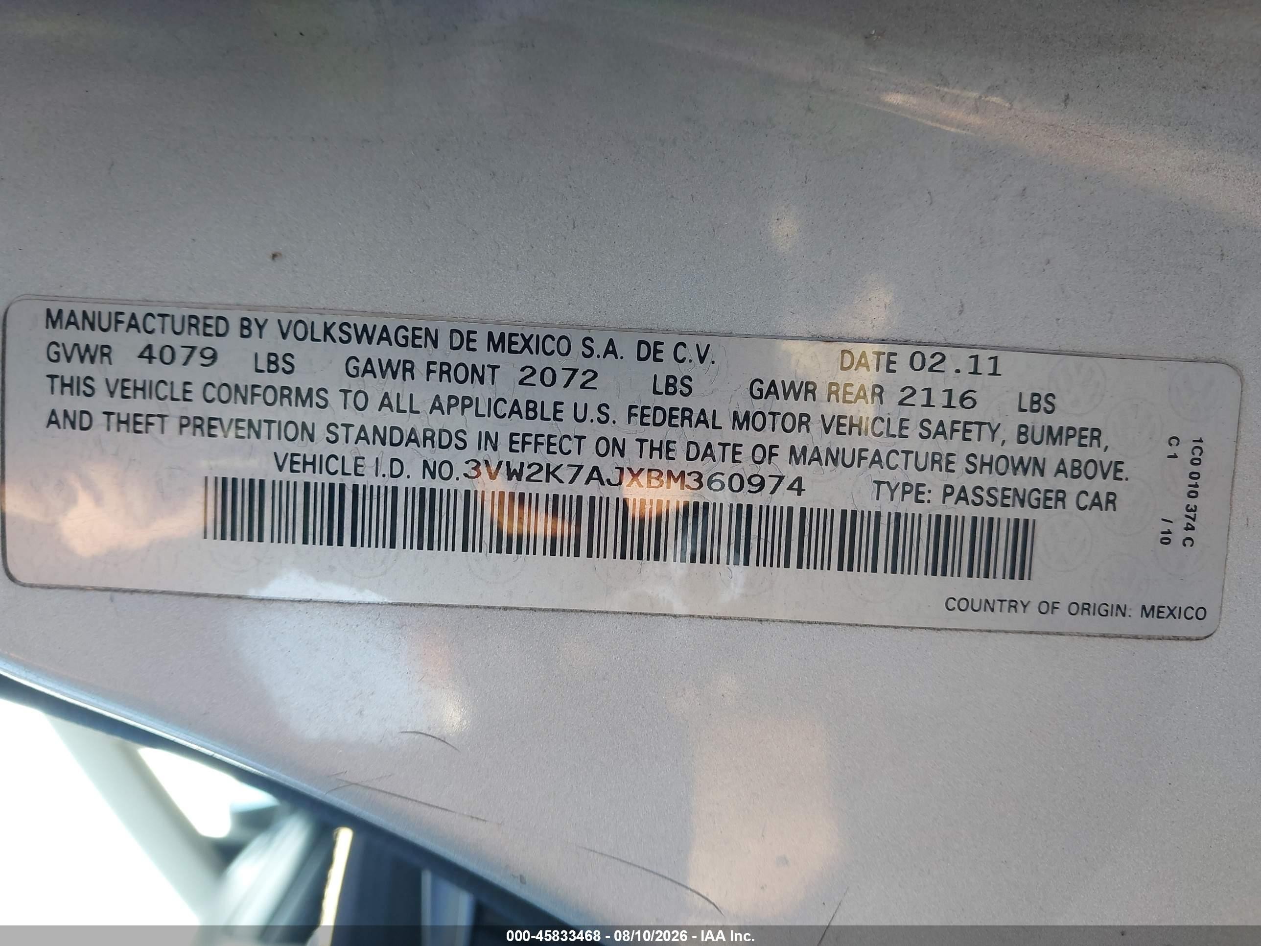 2011 Volkswagen Jetta 2.0l S Silver vin: 3VW2K7AJXBM360974