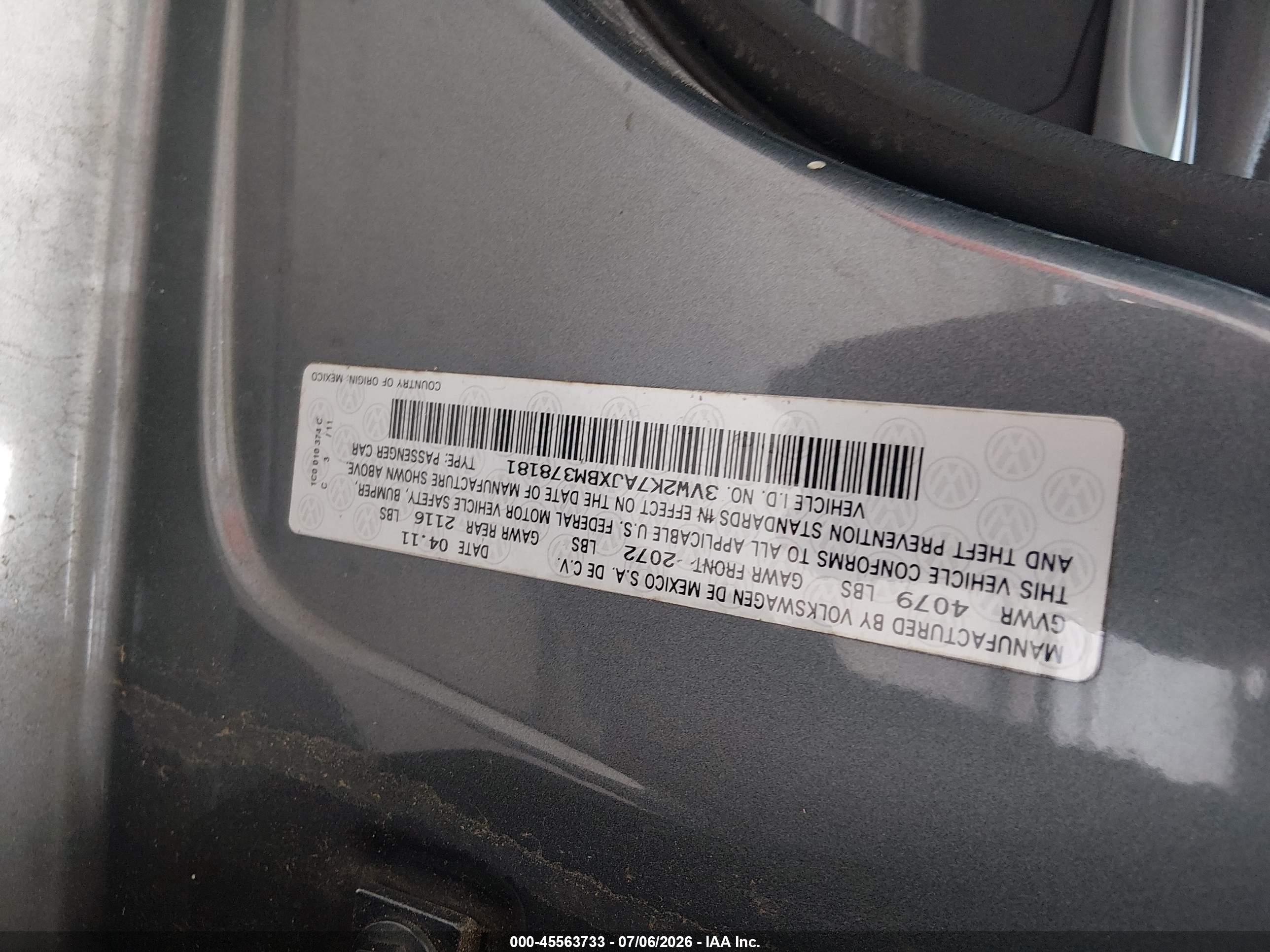 2011 Volkswagen Jetta 2.0l S Gray vin: 3VW2K7AJXBM378181