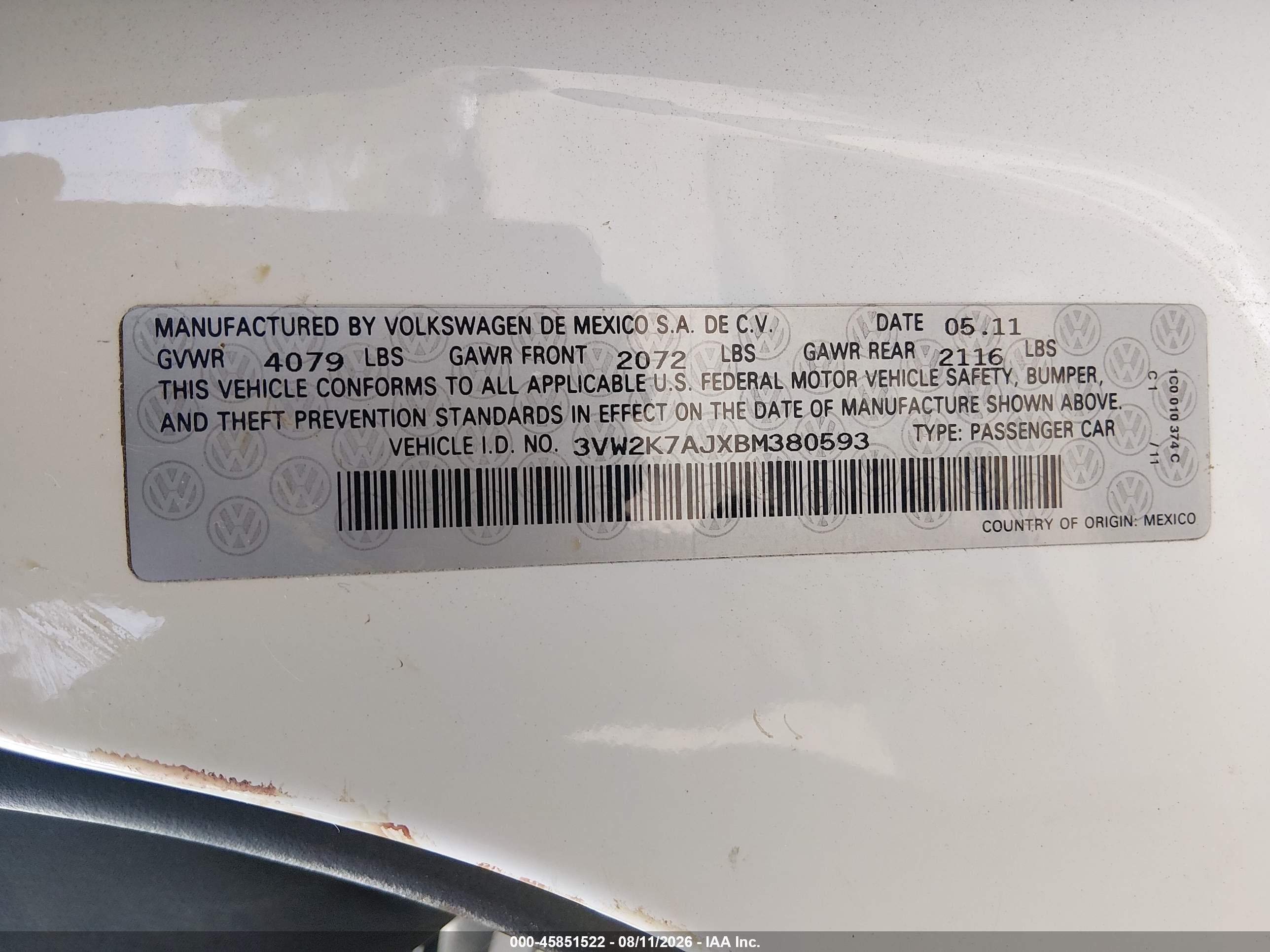 2011 Volkswagen Jetta 2.0l S Белый vin: 3VW2K7AJXBM380593