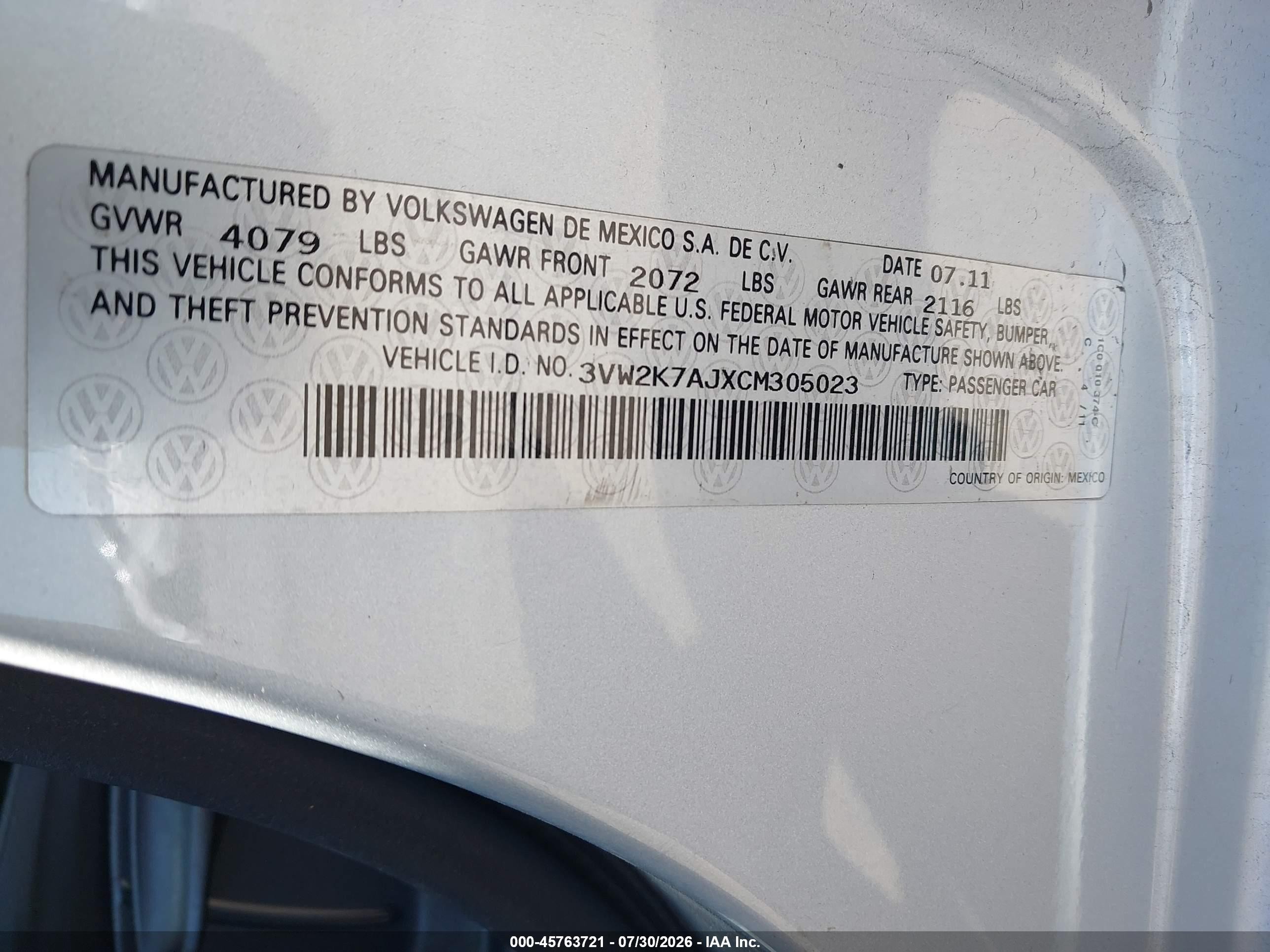 2012 Volkswagen Jetta 2.0l S Gray vin: 3VW2K7AJXCM305023