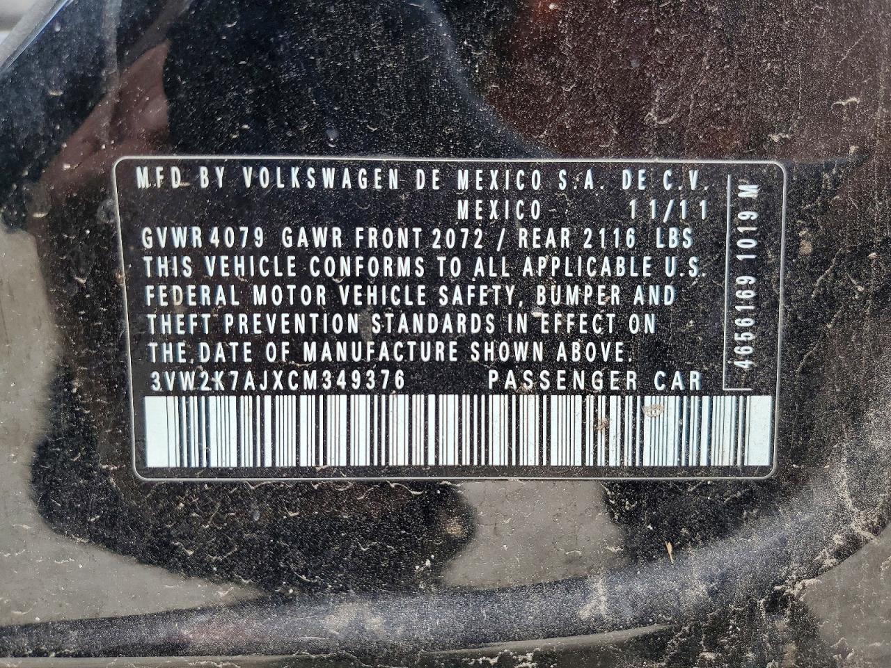 2012 Volkswagen Jetta Base/s Black vin: 3VW2K7AJXCM349376
