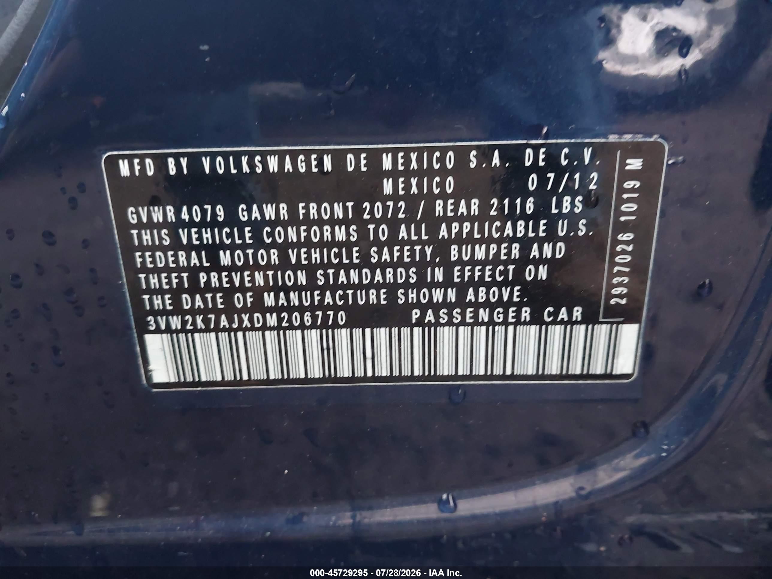 2013 Volkswagen Jetta 2.0l S Blue vin: 3VW2K7AJXDM206770