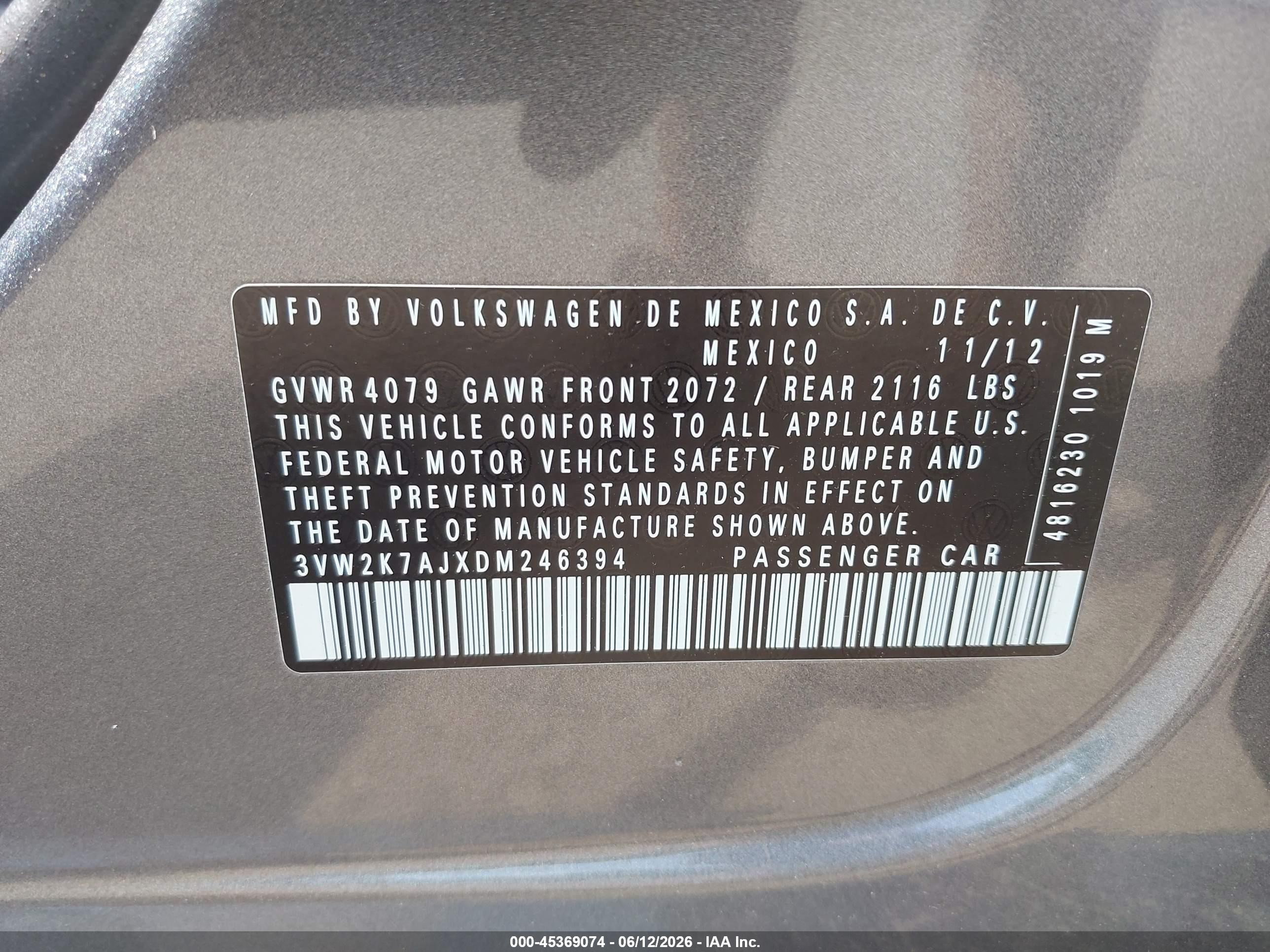 2013 Volkswagen Jetta 2.0l S Gray vin: 3VW2K7AJXDM246394