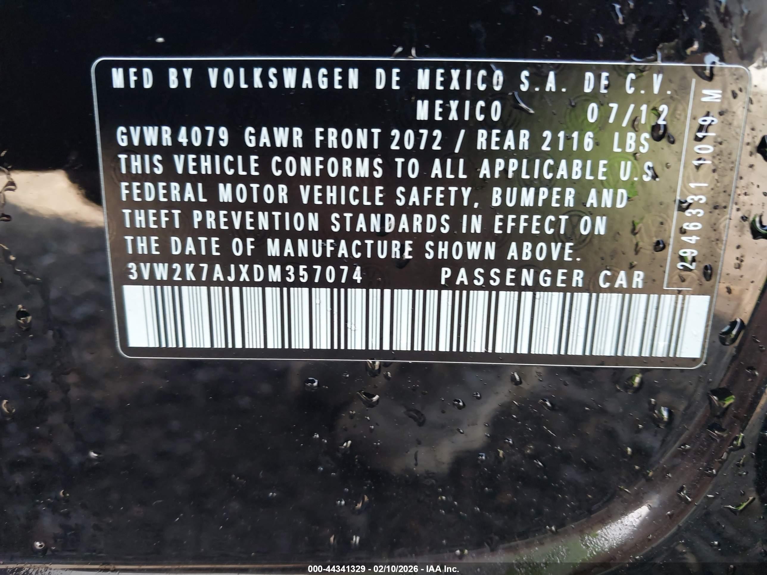 2013 Volkswagen Jetta 2.0l S Black vin: 3VW2K7AJXDM357074