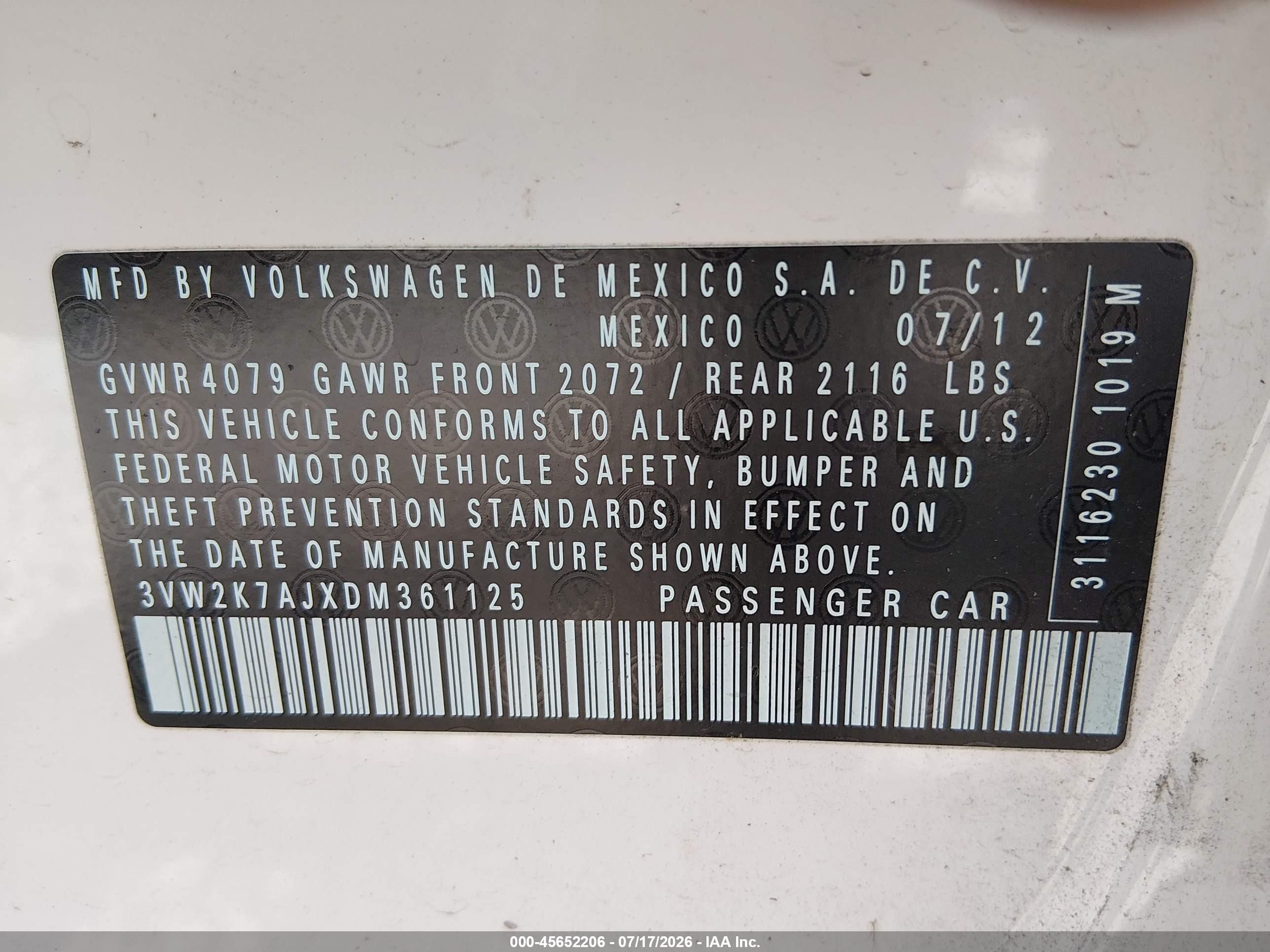 2013 Volkswagen Jetta 2.0l S White vin: 3VW2K7AJXDM361125