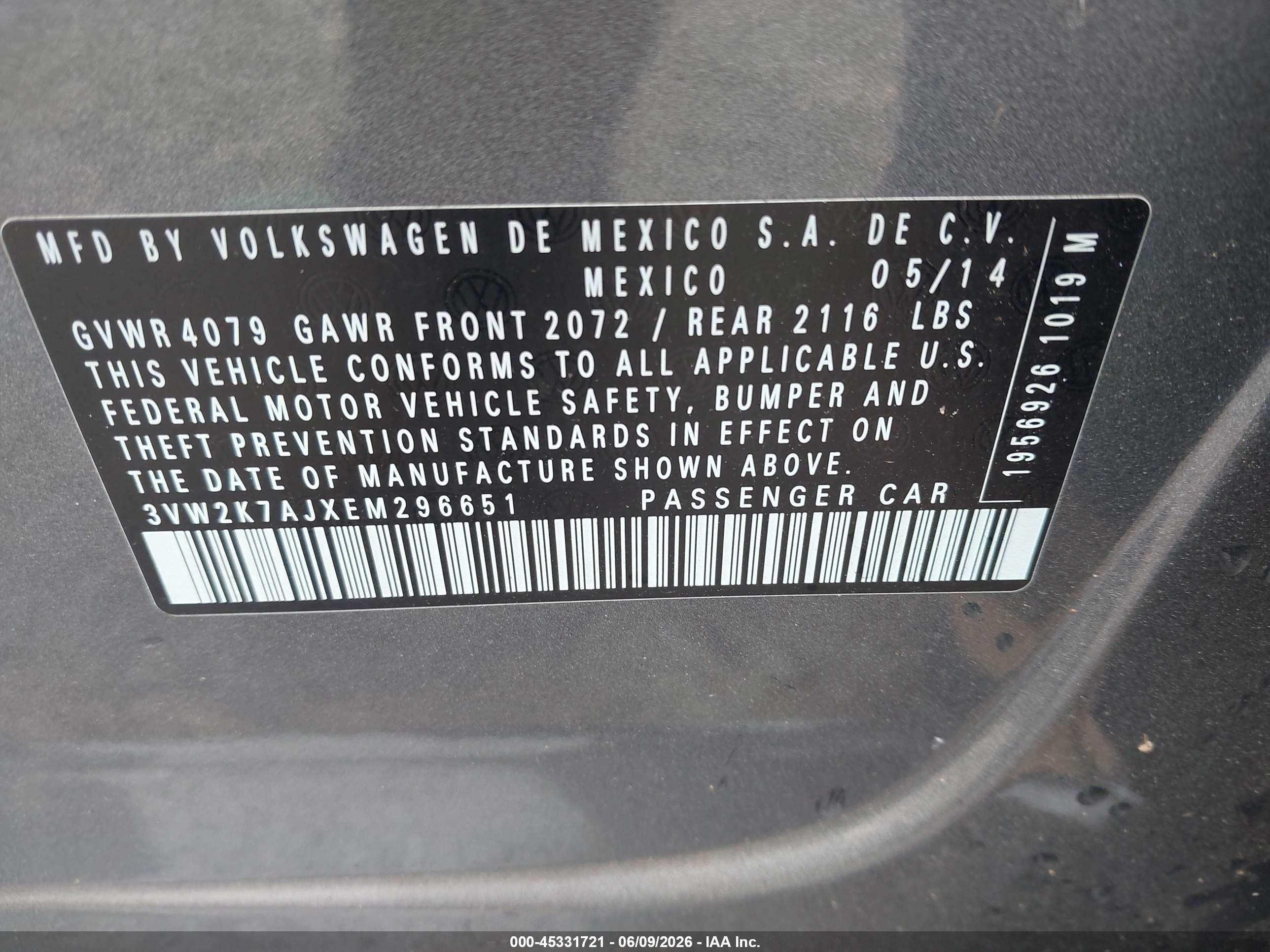 2014 Volkswagen Jetta 2.0l S Gray vin: 3VW2K7AJXEM296651