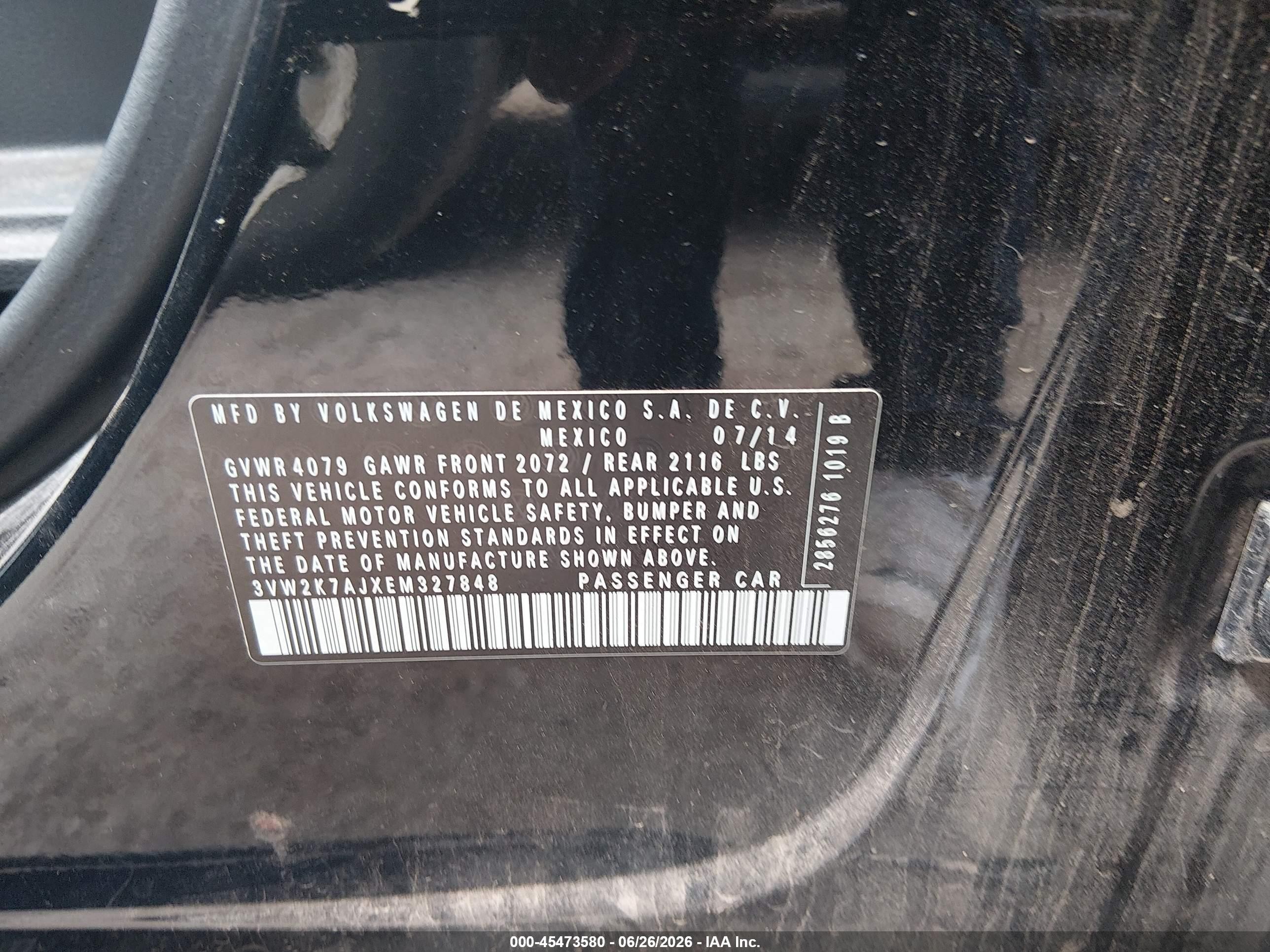2014 Volkswagen Jetta 2.0l S Black vin: 3VW2K7AJXEM327848