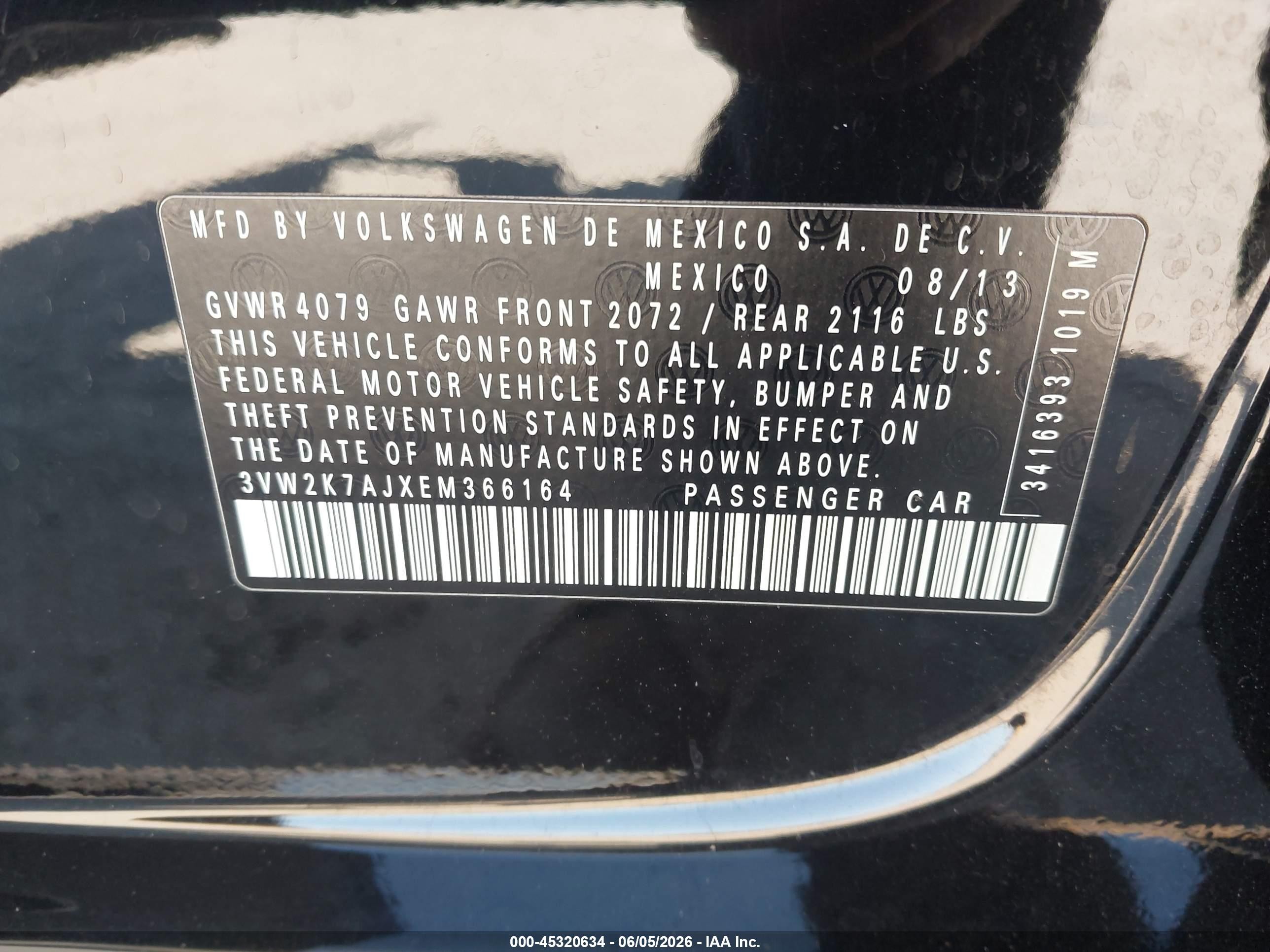 2014 Volkswagen Jetta 2.0l S Black vin: 3VW2K7AJXEM366164