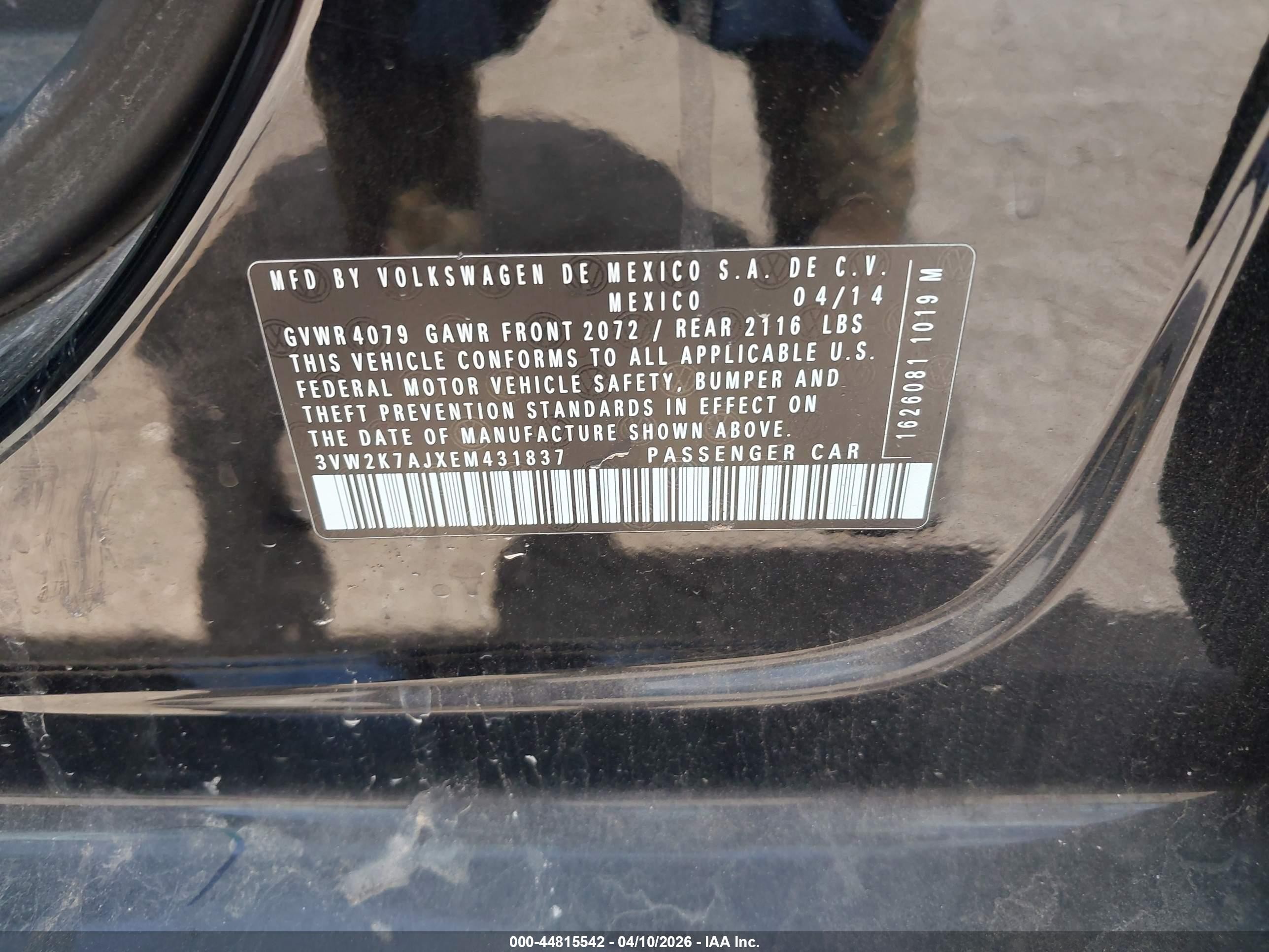 2014 Volkswagen Jetta 2.0l S Black vin: 3VW2K7AJXEM431836