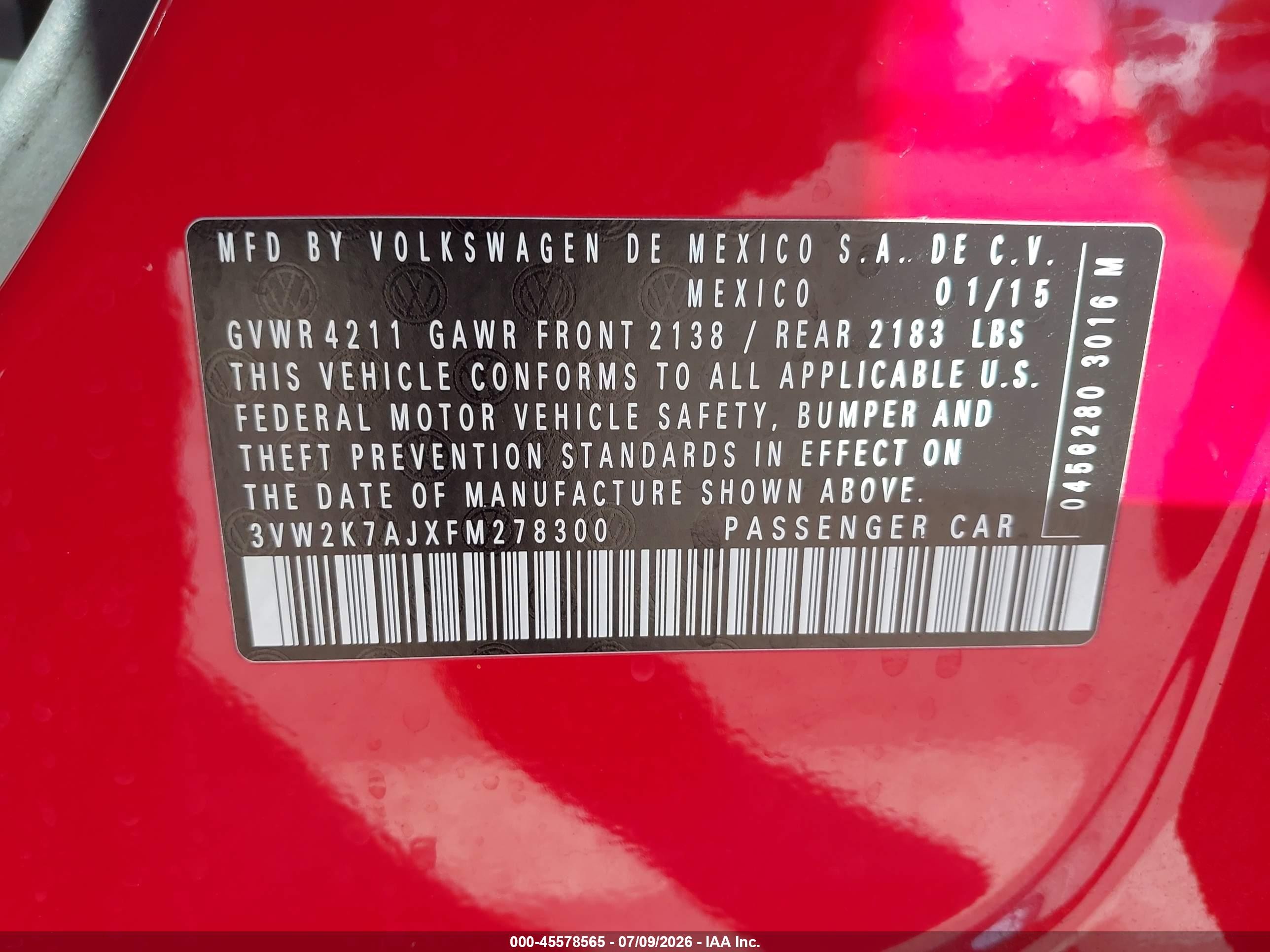 2015 Volkswagen Jetta 2.0l S Red vin: 3VW2K7AJXFM278300
