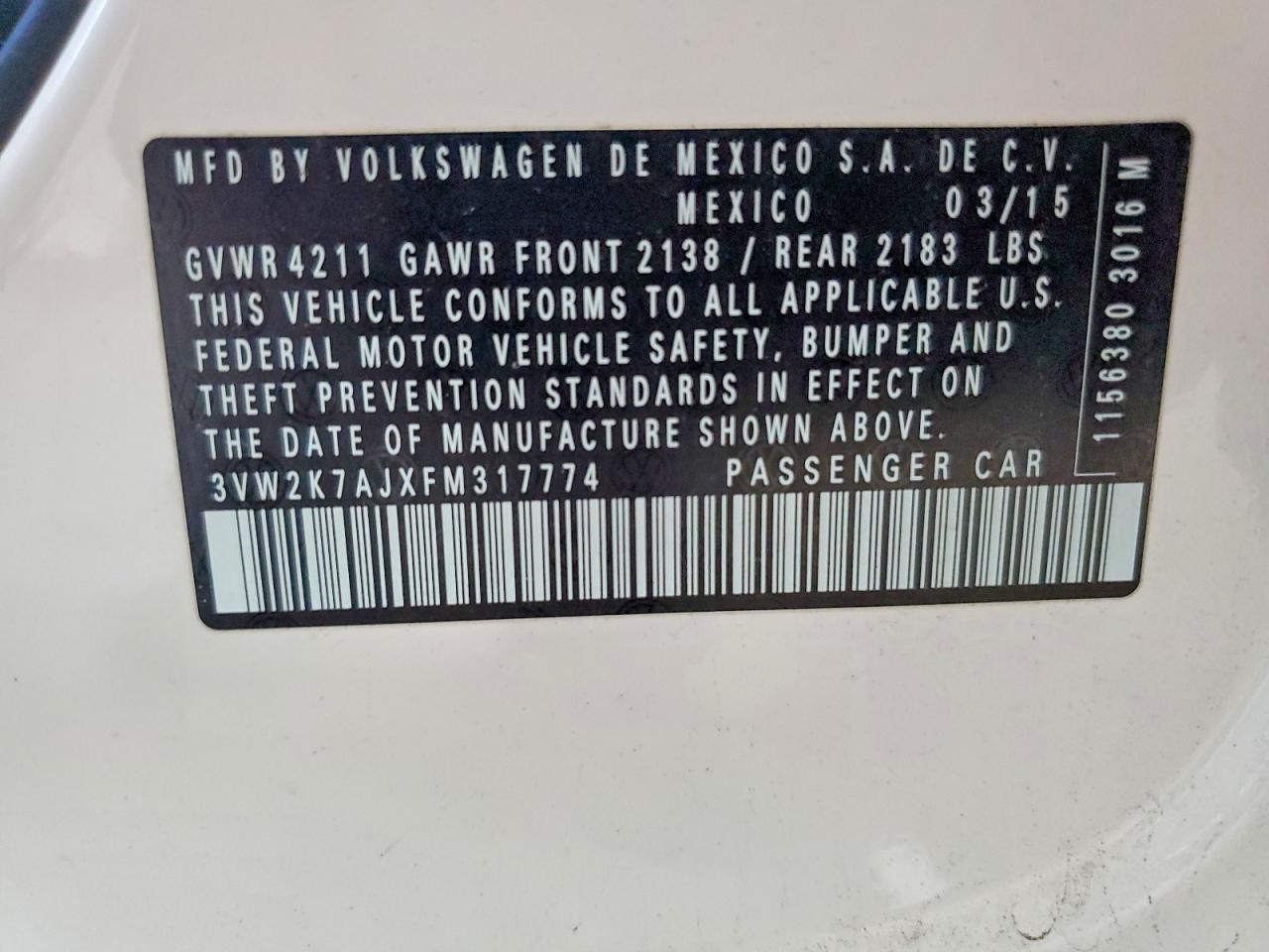 2015 Volkswagen Jetta Base/s White vin: 3VW2K7AJXFM317774
