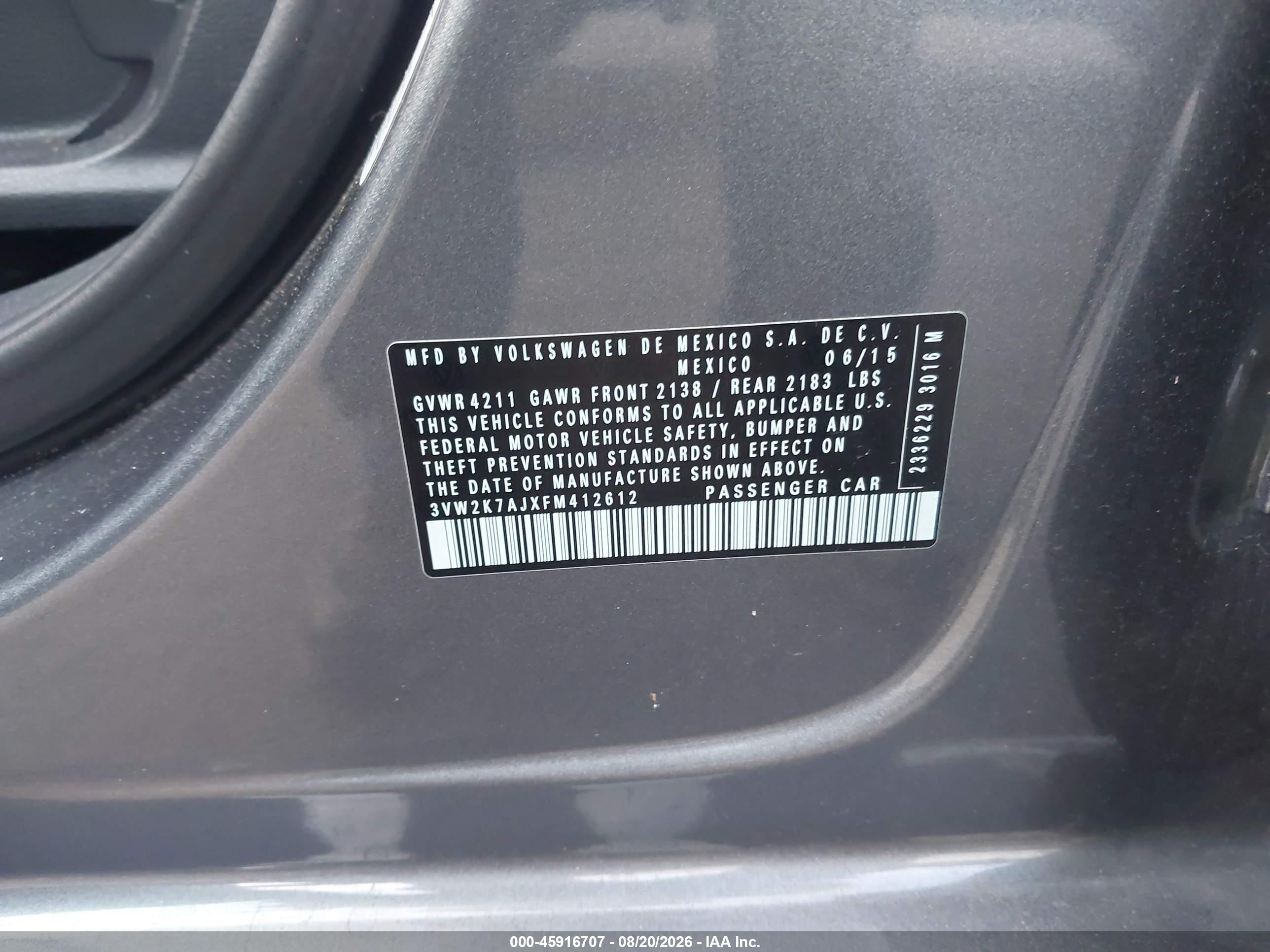 2015 Volkswagen Jetta 2.0l S Gray vin: 3VW2K7AJXFM412612