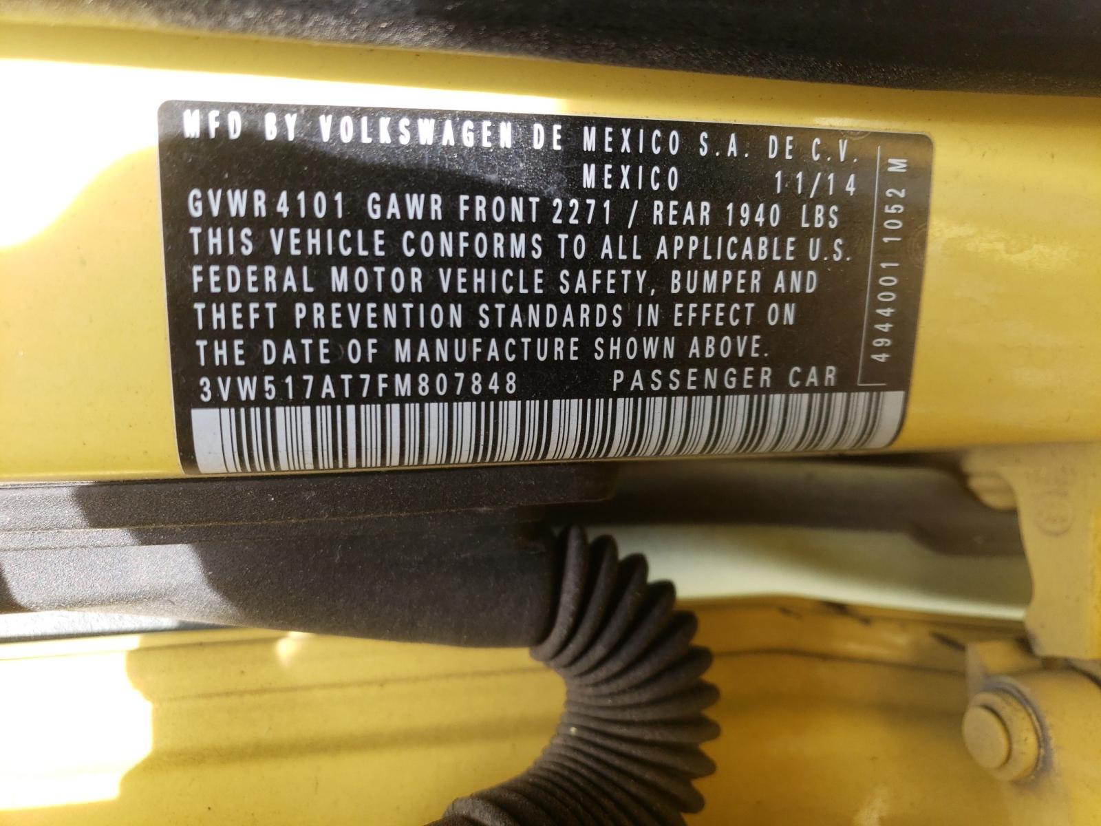 2015 Volkswagen Beetle 1.8t Yellow vin: 3VW517AT7FM807848
