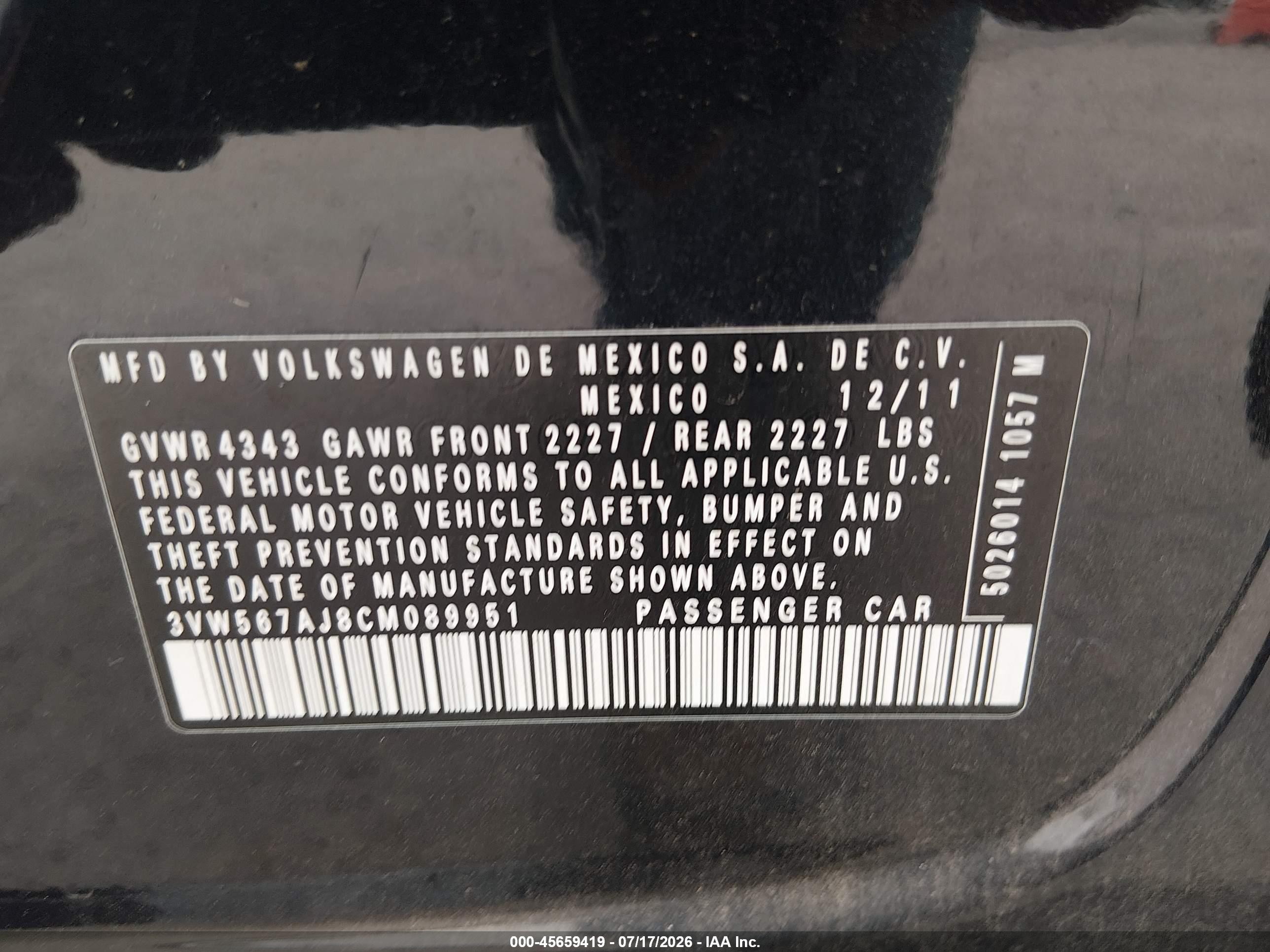 2012 Volkswagen Jetta Gli Autobahn Black vin: 3VW567AJ8CM089951