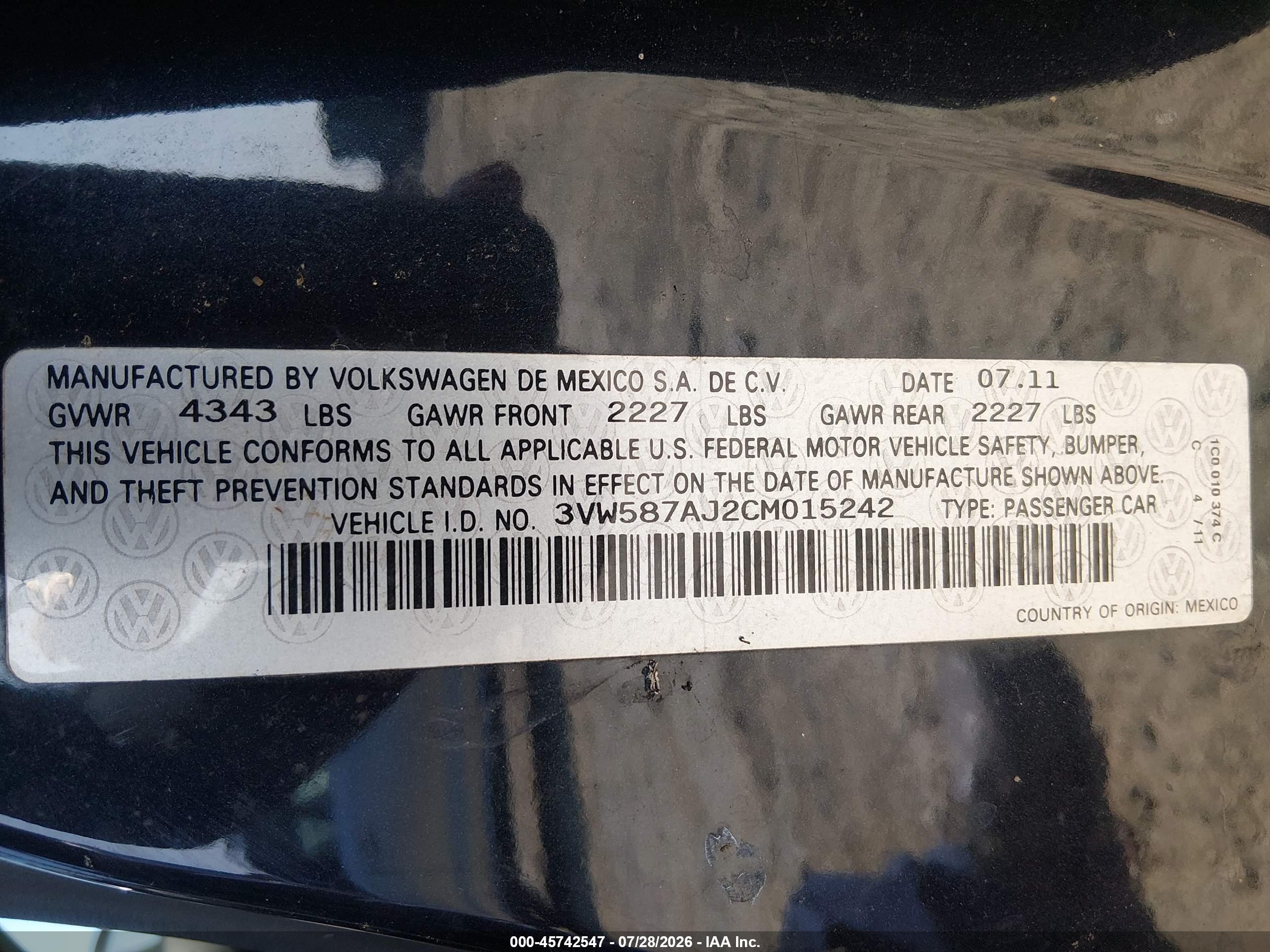 2012 Volkswagen Jetta Gli Autobahn Black vin: 3VW587AJ2CM015242