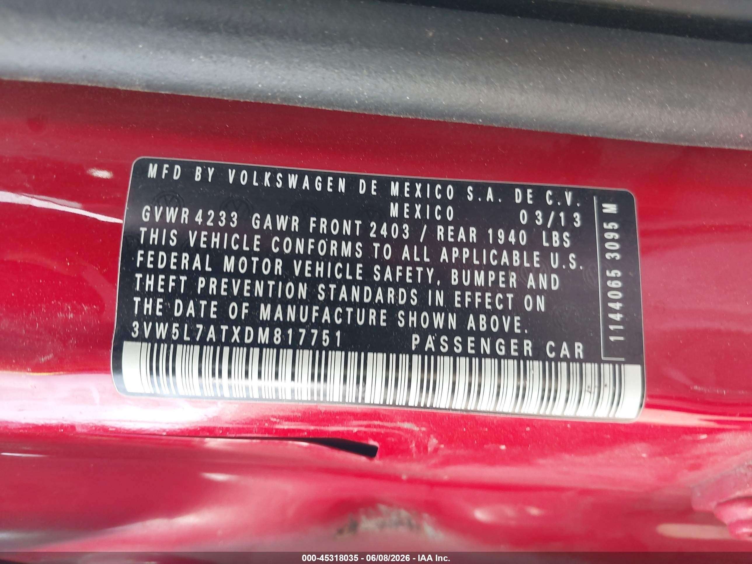 2013 Volkswagen Beetle 2.0l Tdi Red vin: 3VW5L7ATXDM817751