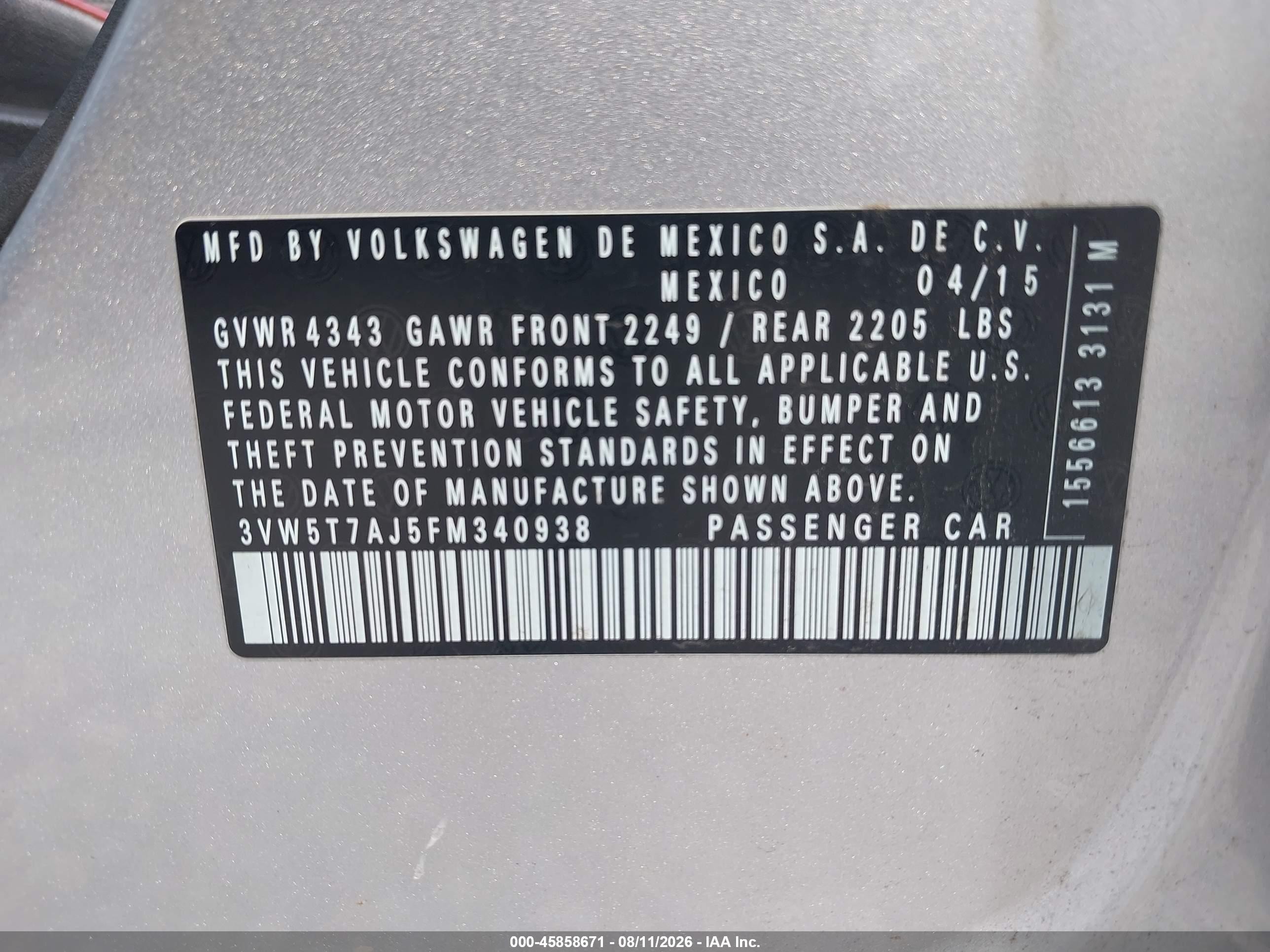 2015 Volkswagen Jetta 2.0t Gli Sel Silver vin: 3VW5T7AJ5FM340938