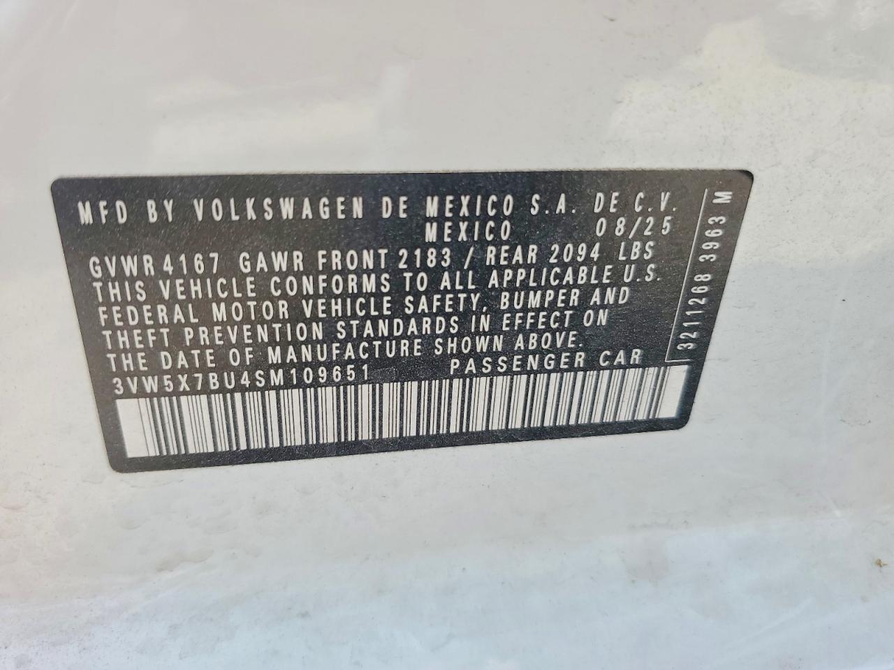 2025 Volkswagen Jetta S White vin: 3VW5X7BU4SM109651