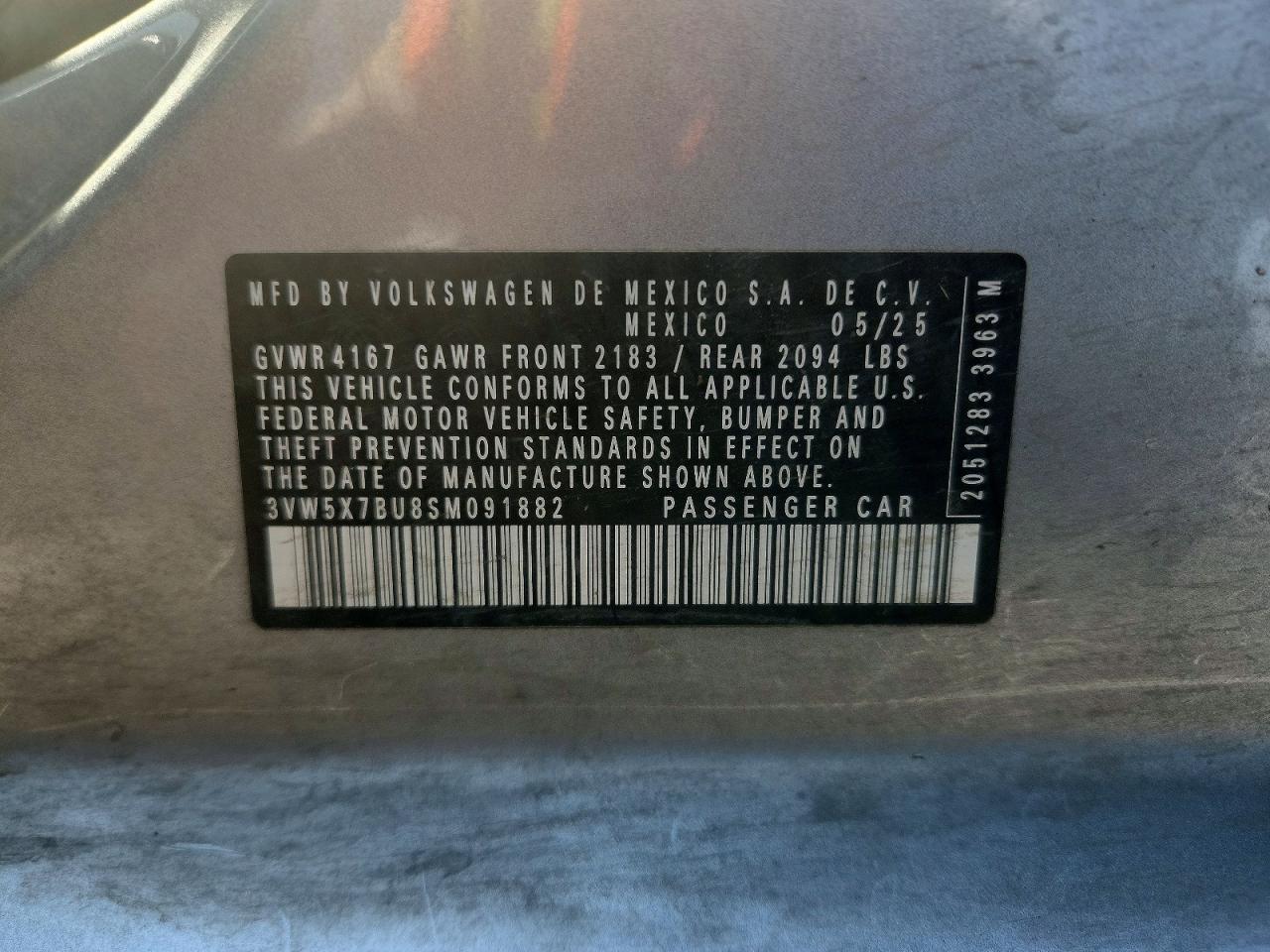 2025 Volkswagen Jetta S Silver vin: 3VW5X7BU8SM091882