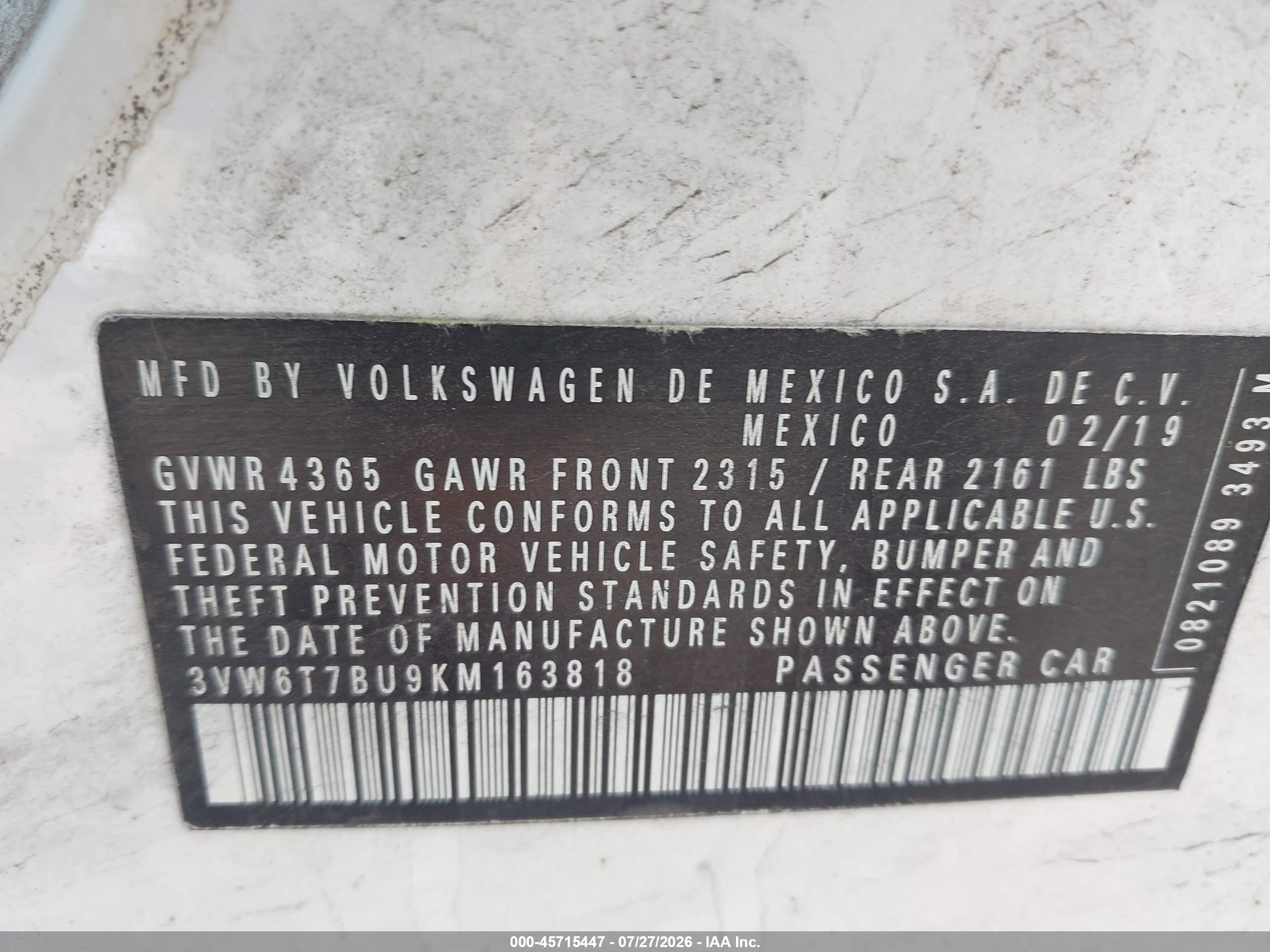 2019 Volkswagen Jetta Gli 2.0t 35th Anniversary Edition/2.0t Autobahn/2.0t S White vin: 3VW6T7BU9KM163818