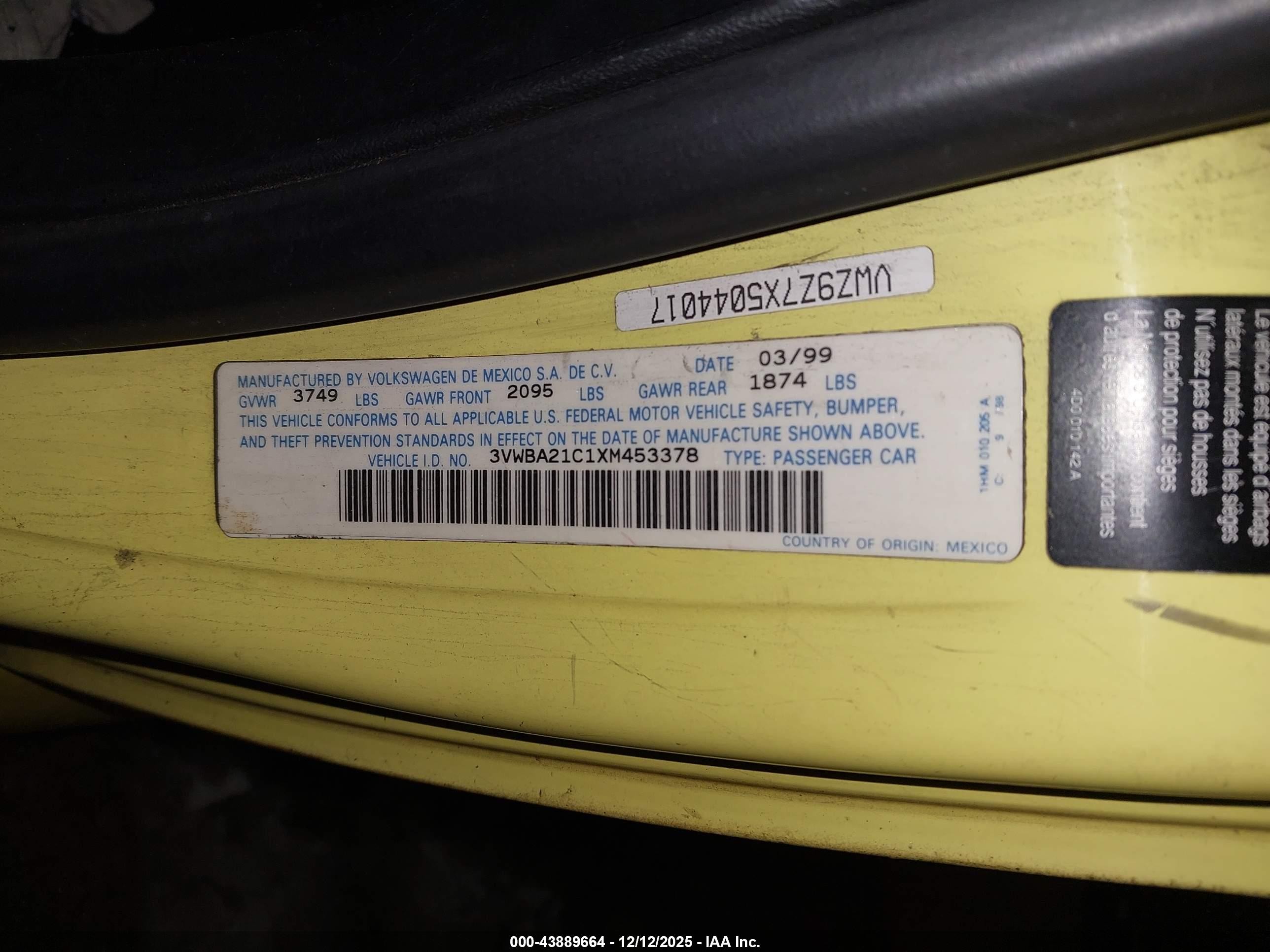 1999 Volkswagen New Beetle Gl Yellow vin: 3VWBA21C1XM453378