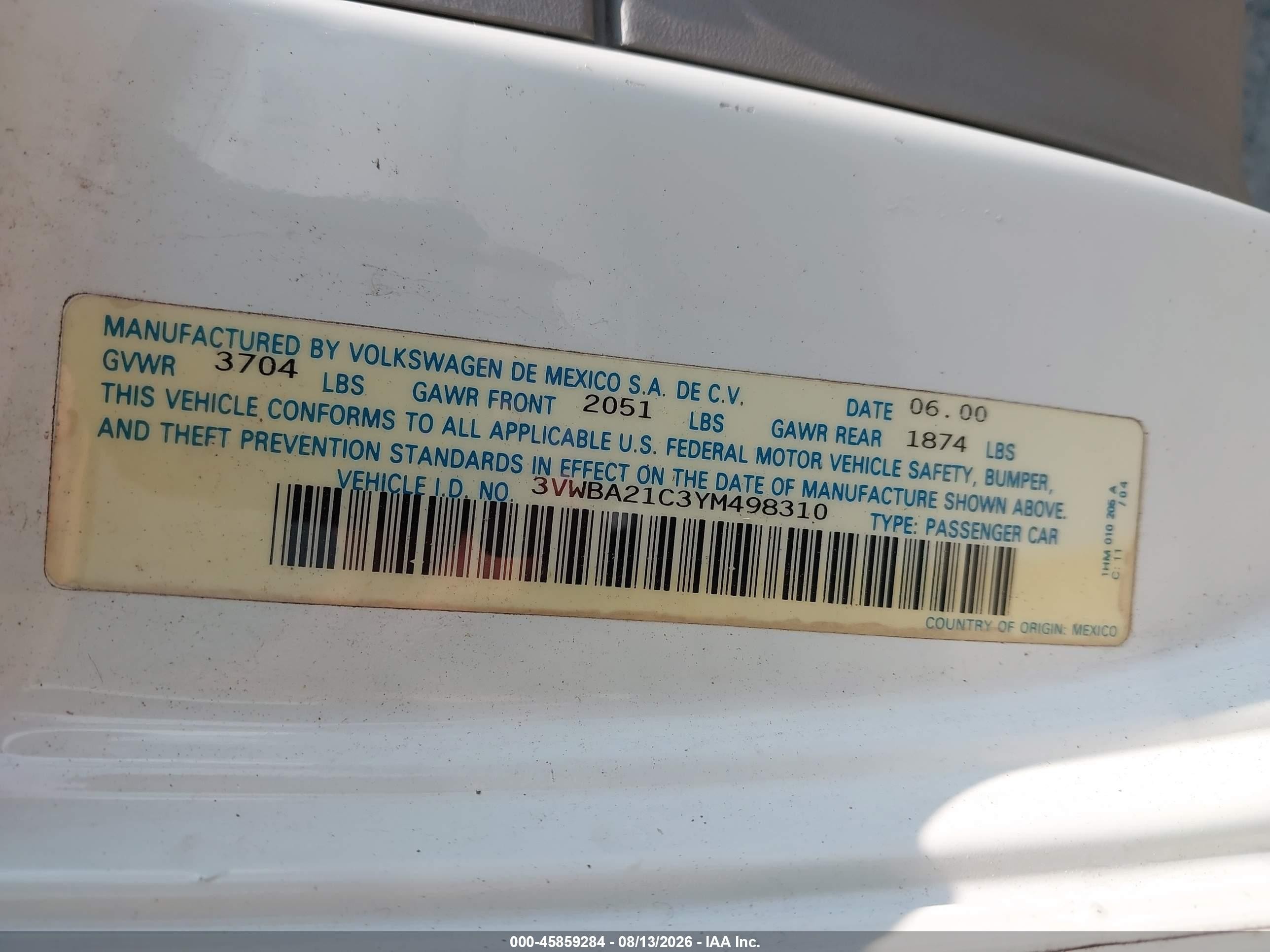 2000 Volkswagen New Beetle Gl White vin: 3VWBA21C3YM498310