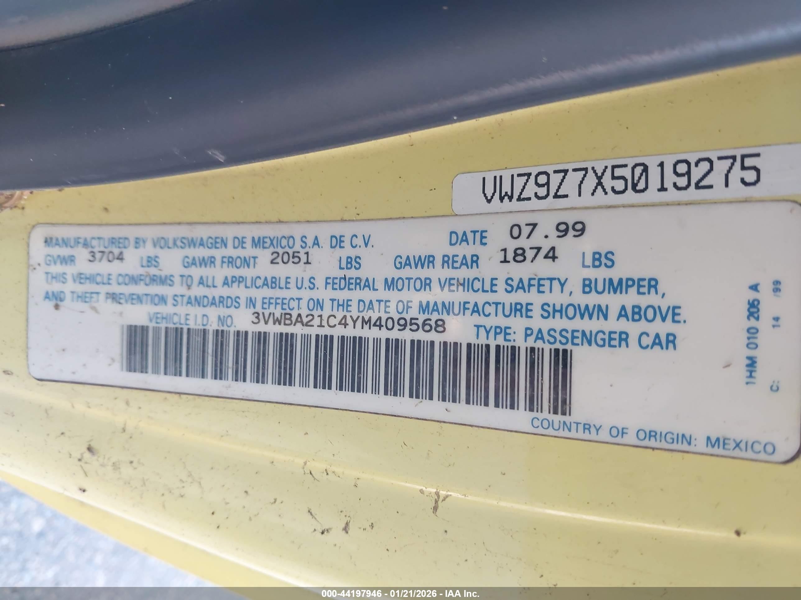 2000 Volkswagen New Beetle Gl Yellow vin: 3VWBA21C4YM409568