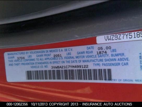 2000 Volkswagen New Beetle Gl vin: 3VWBA21C7YM499122