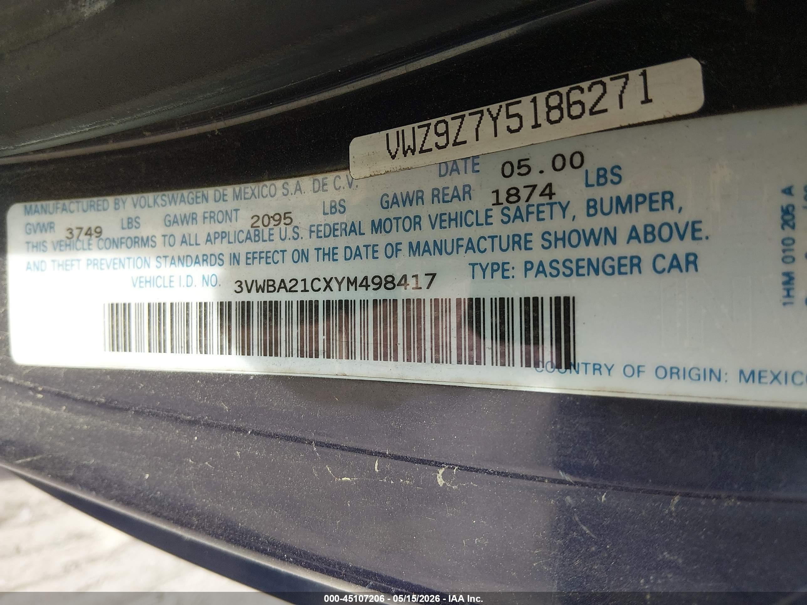 2000 Volkswagen New Beetle Gl Blue vin: 3VWBA21CXYM498417