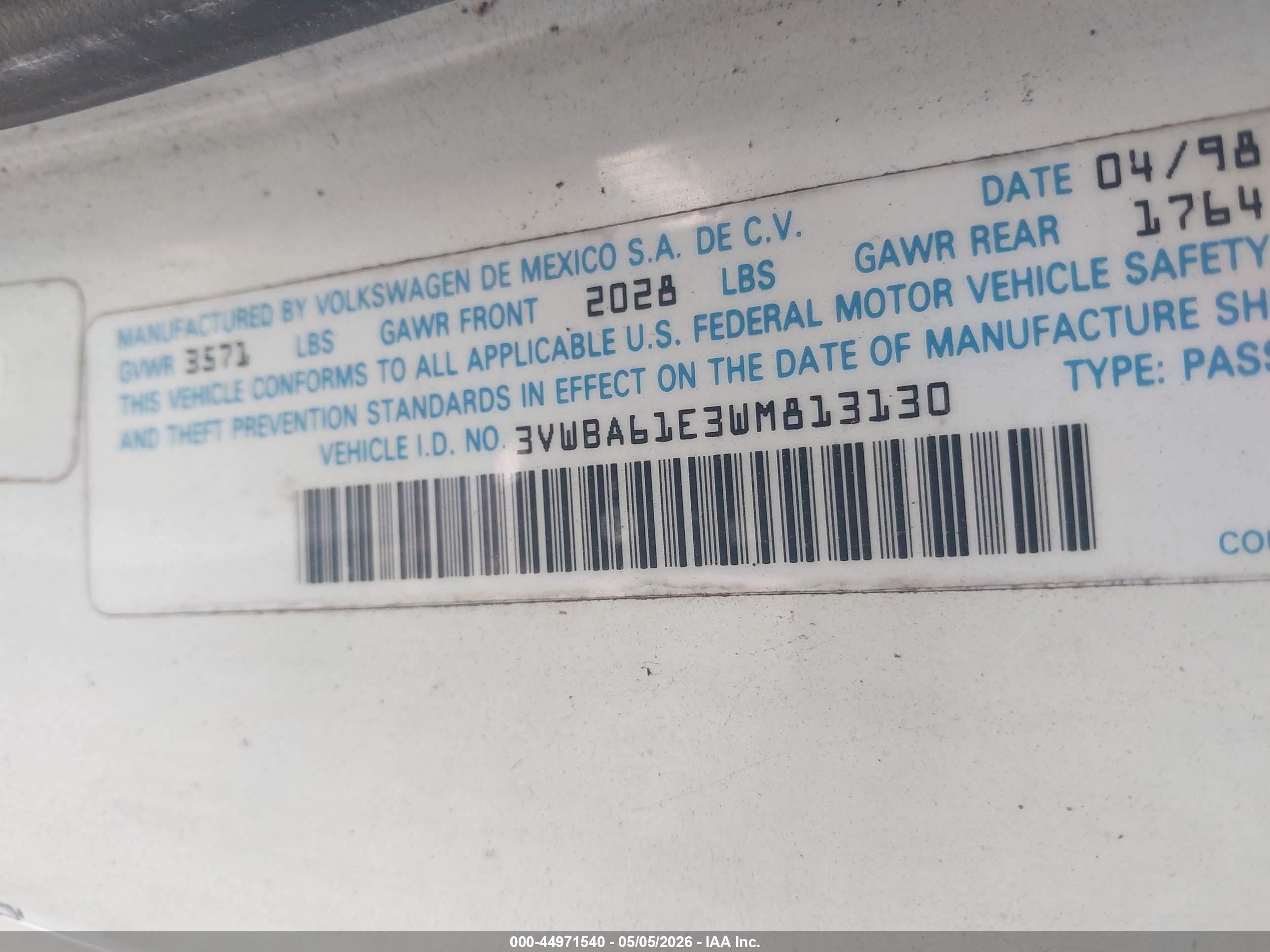 1998 Volkswagen Cabrio Gls White vin: 3VWBA61E3WM813130
