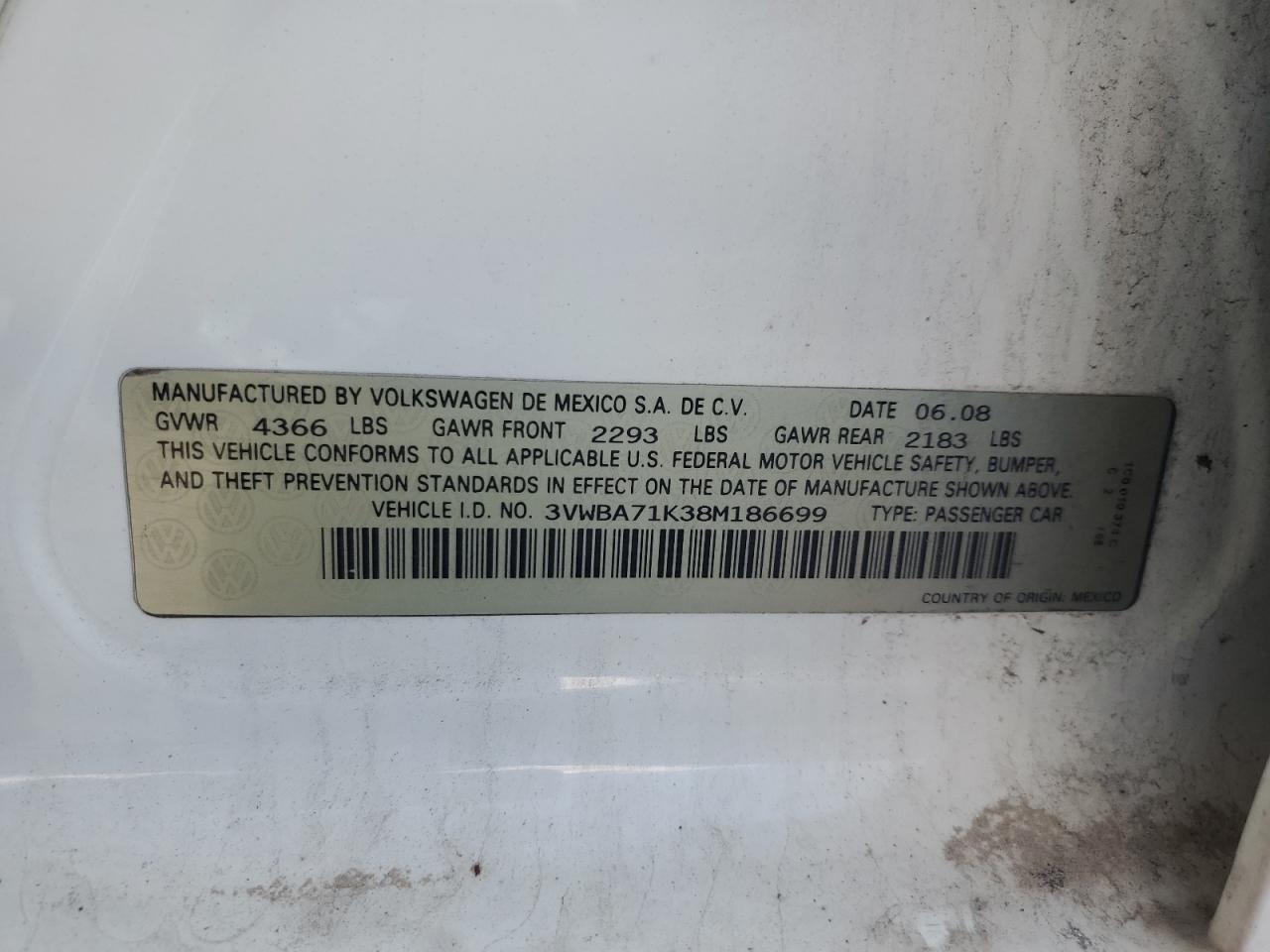 2008 Volkswagen Gli White vin: 3VWBA71K38M186699