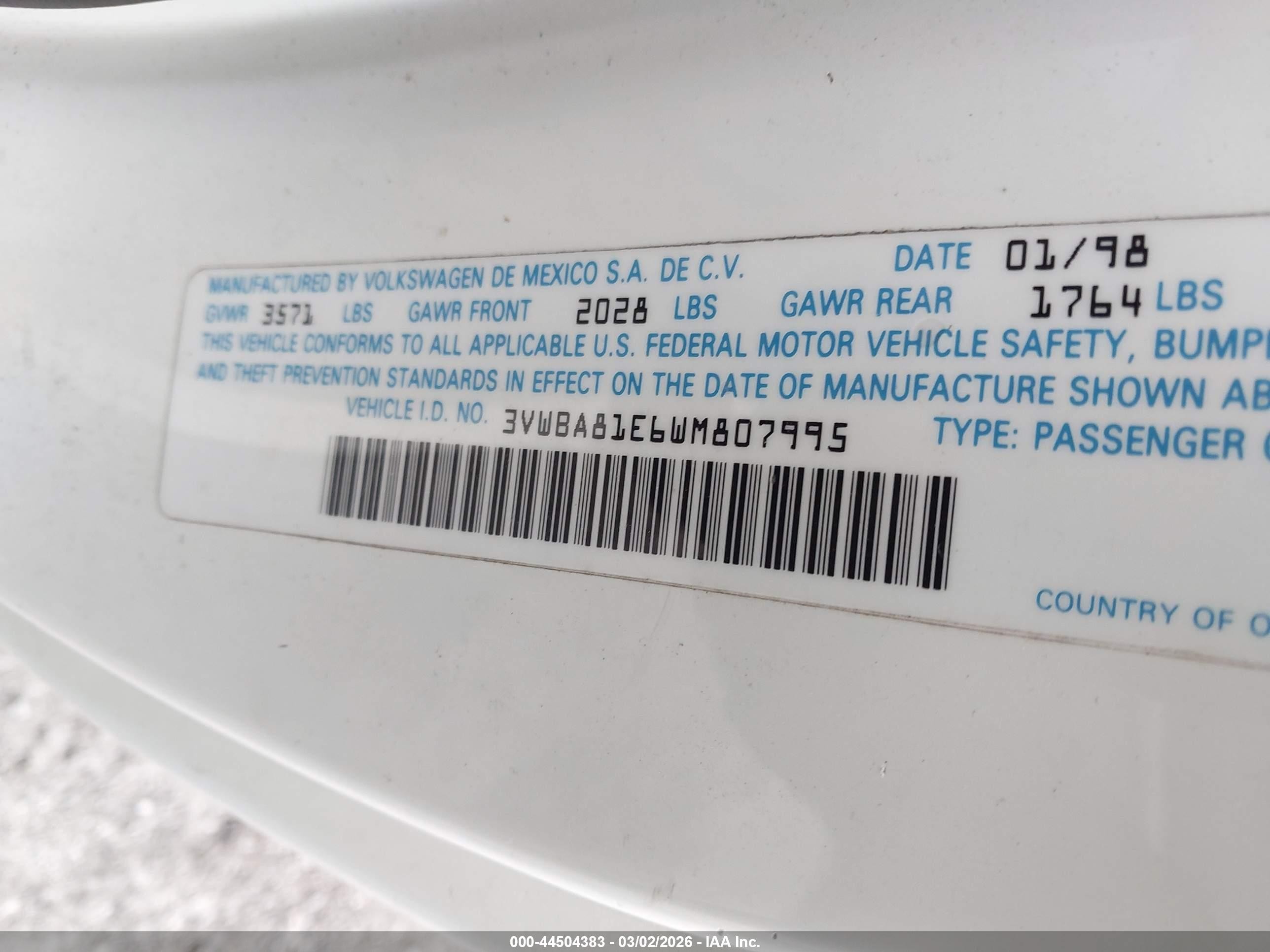 1998 Volkswagen Cabrio Gls White vin: 3VWBA81E6WM807995