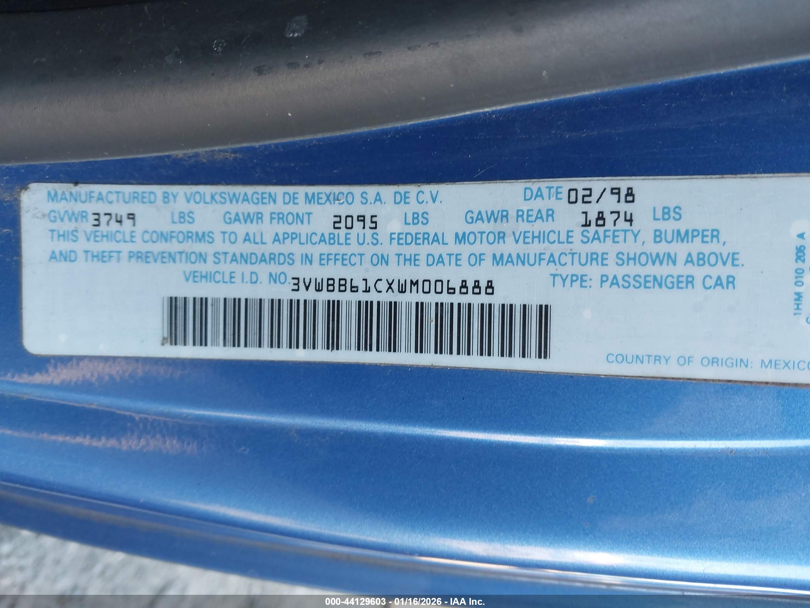 1998 Volkswagen New Beetle   Blue vin: 3VWBB61CXWM006888